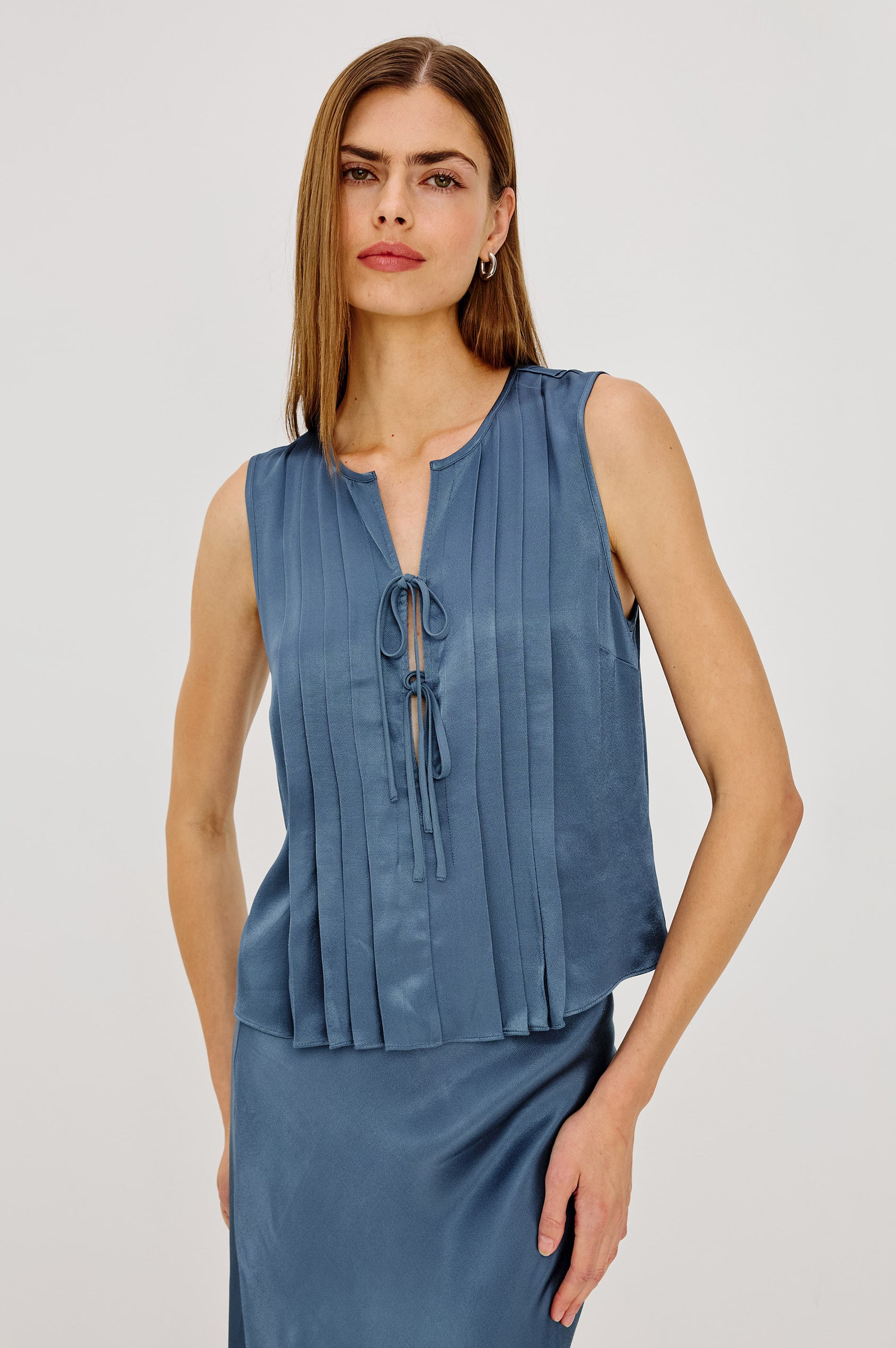 Aja Shirt in Linen Blend With Plunging Split Neckline With Self-Ties, Front Pleats, and Boxy, Cropped Fit in Atlantic Colorway - Upper Body Front View Featured on Model
