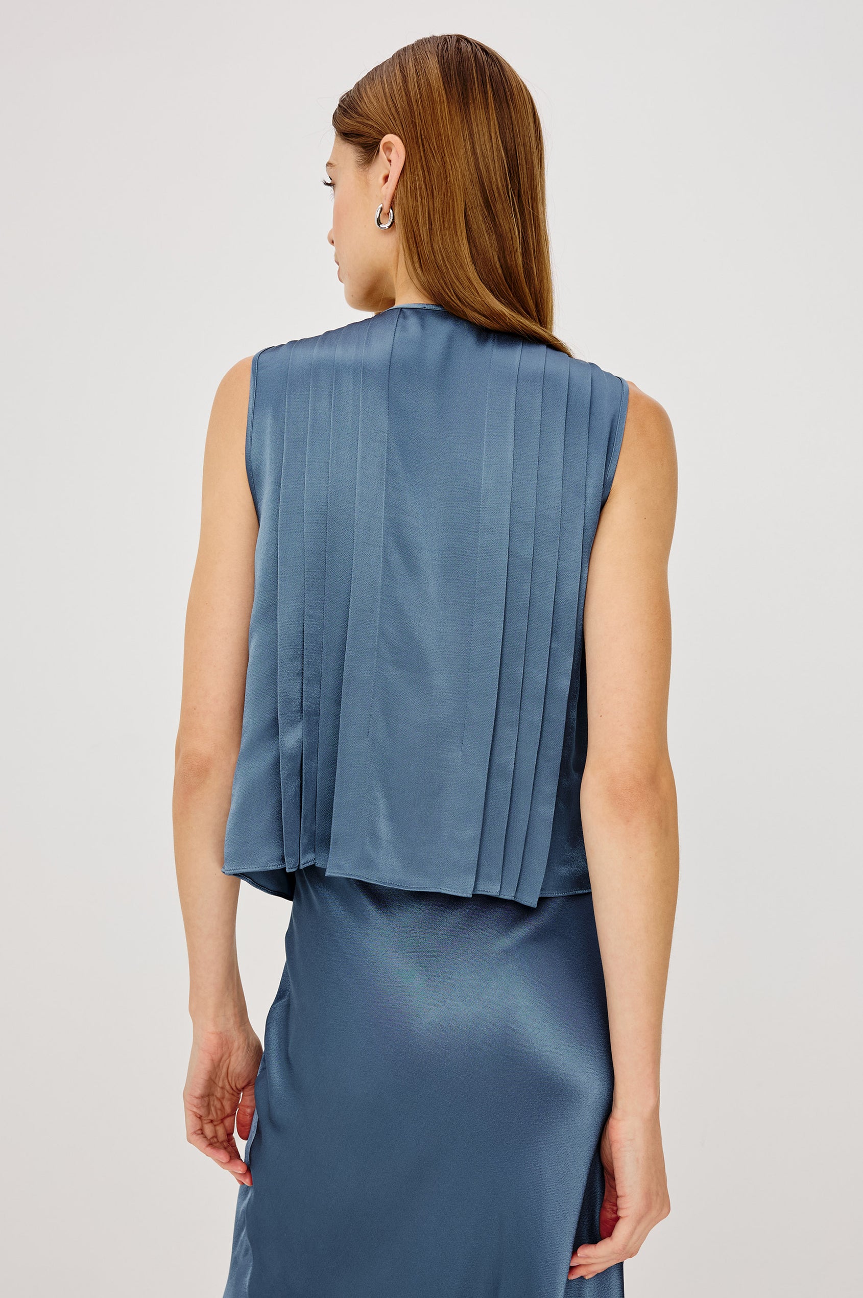 Aja Shirt in Linen Blend With Plunging Split Neckline With Self-Ties, Front Pleats, and Boxy, Cropped Fit in Atlantic Colorway - Upper Body Back View Featured on Model