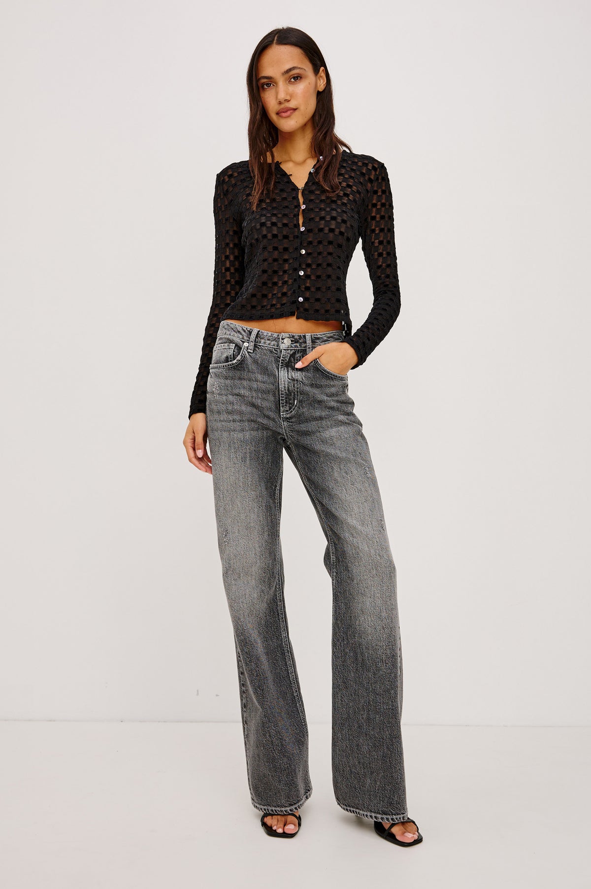 Alamitos Flared Trouser in Comfort Stretch Denim With High-Rise Relaxed Fit, Wide Legs, and 5-Pockets in Night Rider Colorway - Full Body Front View Featured on Model