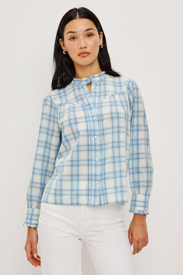 Alanna Long Sleeve Shirt with Snaps Down the Front a Ruffled Collar Banded Ruffed Cuffs and Pleats at the Yoke Seam in Bluebell Ivory Colorway - Upper Body Front View fFeatured on Model