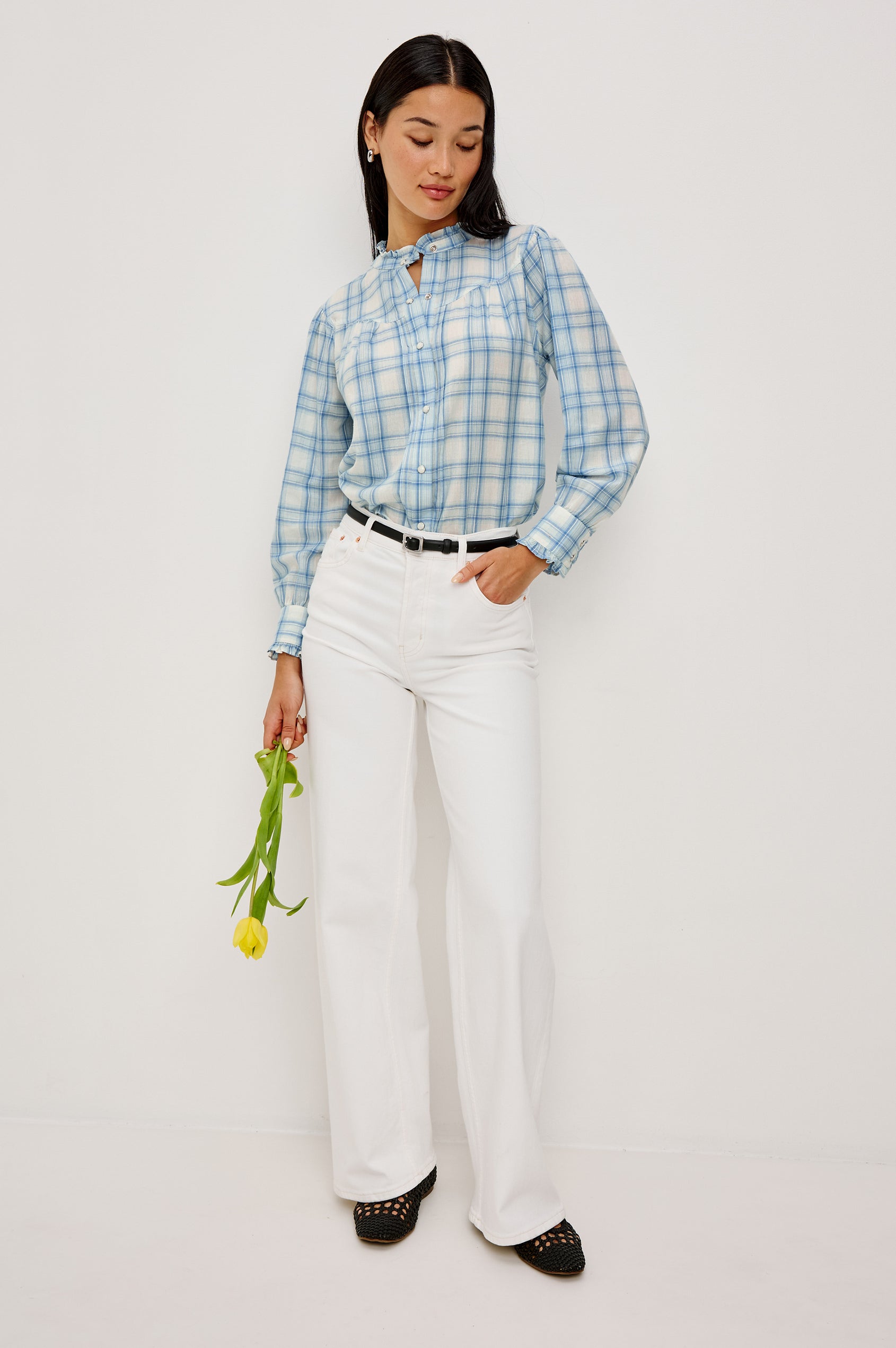 Alanna Long Sleeve Shirt with Snaps Down the Front a Ruffled Collar Banded Ruffed Cuffs and Pleats at the Yoke Seam in Bluebell Ivory Colorway - Full Body Front View fFeatured on Model