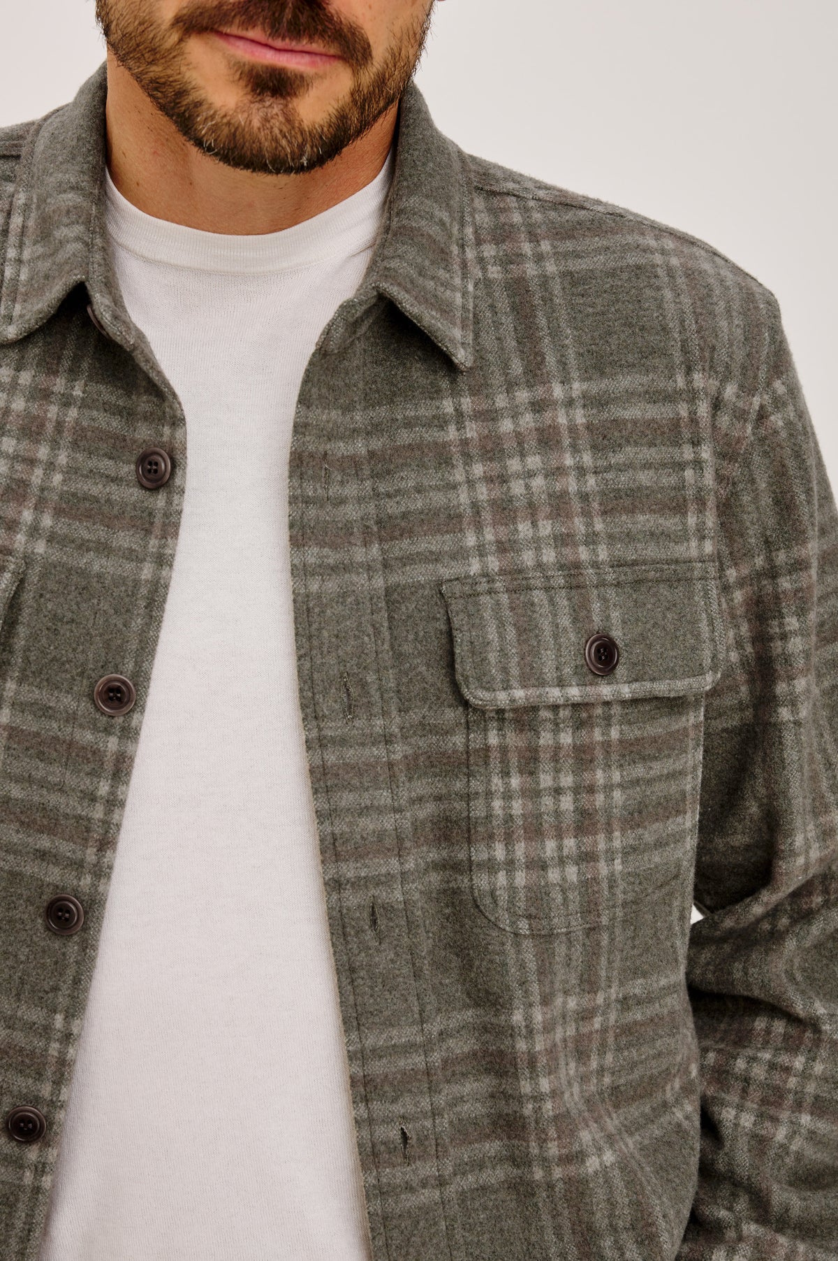 Alder Overshirt in Midweight Brushed Flannel With Collar, Button Front, Long Sleeves, Back Yoke, and Dual Chest Flap Pockets in Burl Moss Heather Colorway -