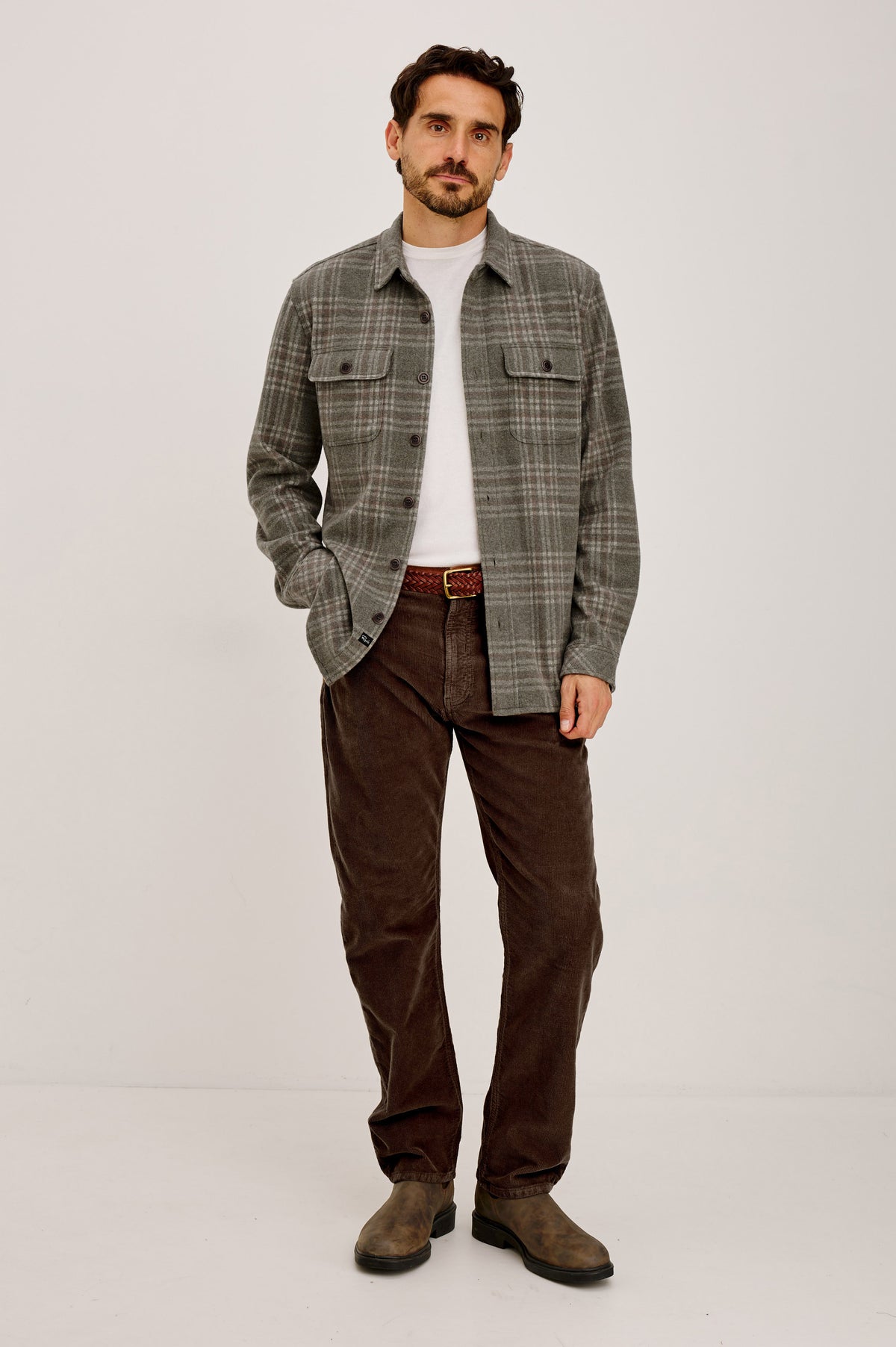 Alder Overshirt in Midweight Brushed Flannel With Collar, Button Front, Long Sleeves, Back Yoke, and Dual Chest Flap Pockets in Burl Moss Heather Colorway -