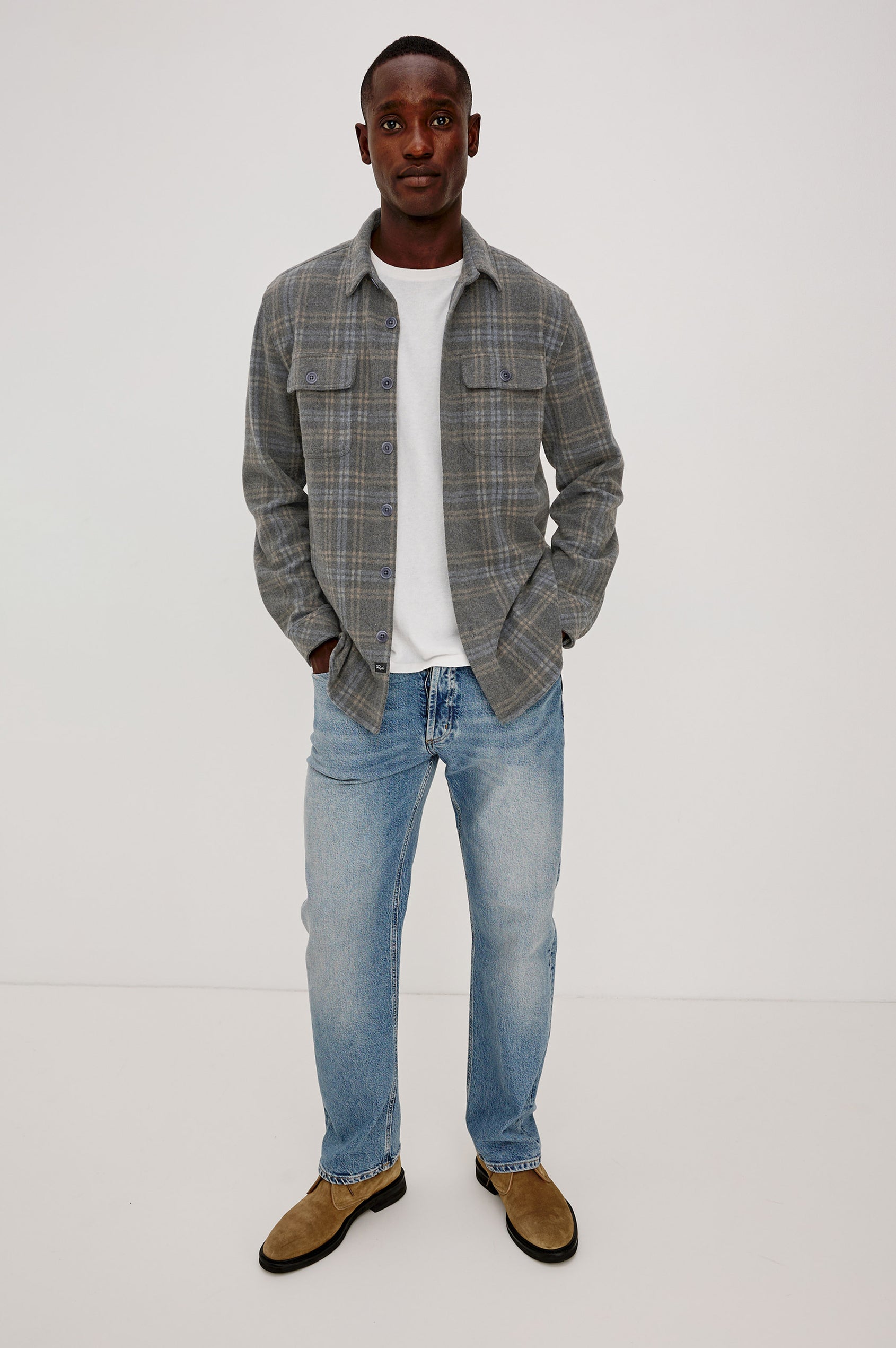 Alder Overshirt in Brushed Flannel With Collar, Button Front, Long Sleeves With Buttoned Cuffs, Back Yoke, Dual Chest Flap Pockets, and Classic Fit in Coastal Iron Heather Colorway - Full Body Front View Featured on Model