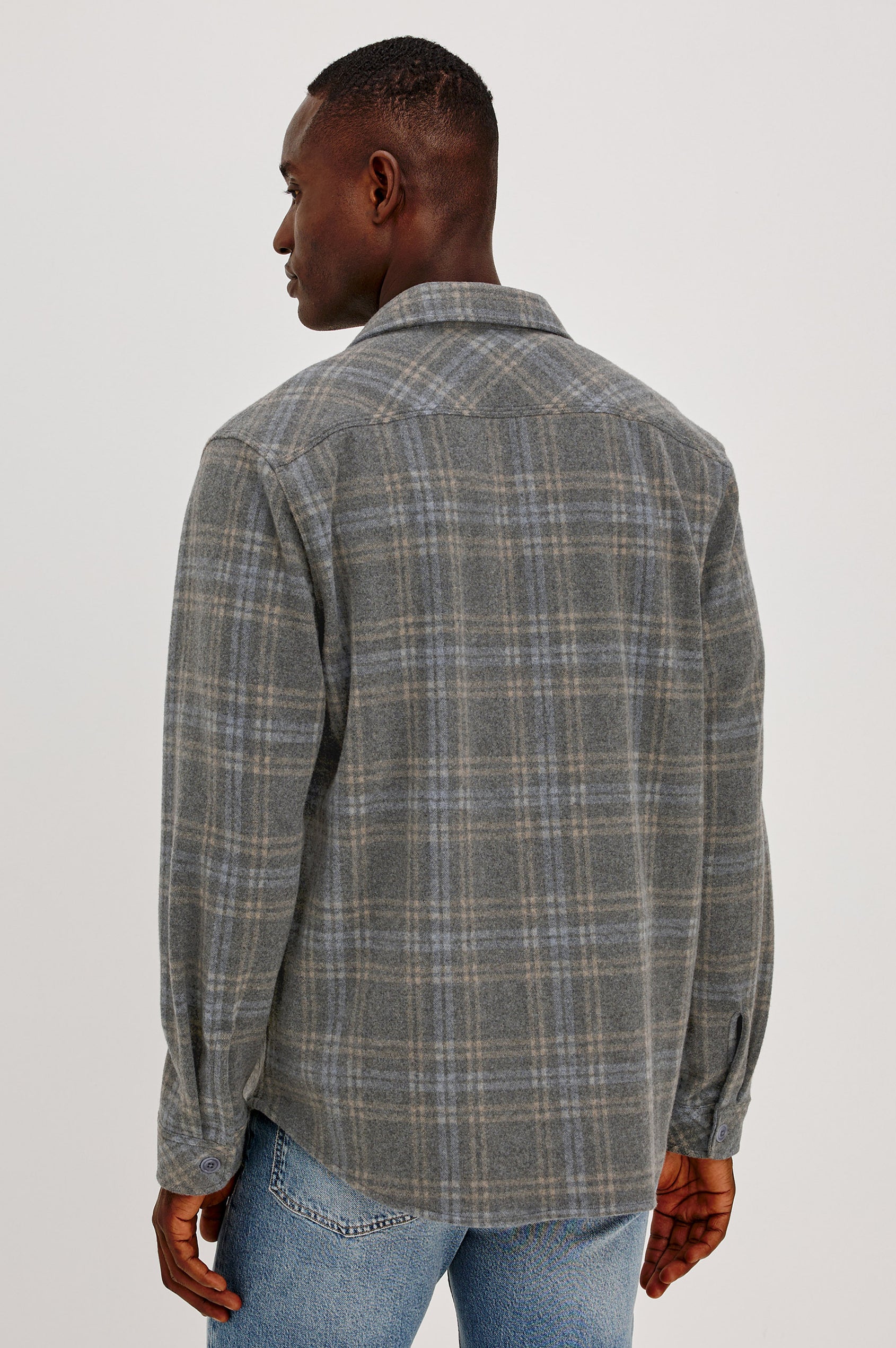 Alder Overshirt in Brushed Flannel With Collar, Button Front, Long Sleeves With Buttoned Cuffs, Back Yoke, Dual Chest Flap Pockets, and Classic Fit in Coastal Iron Heather Colorway - Upper Body Back View Featured on Model