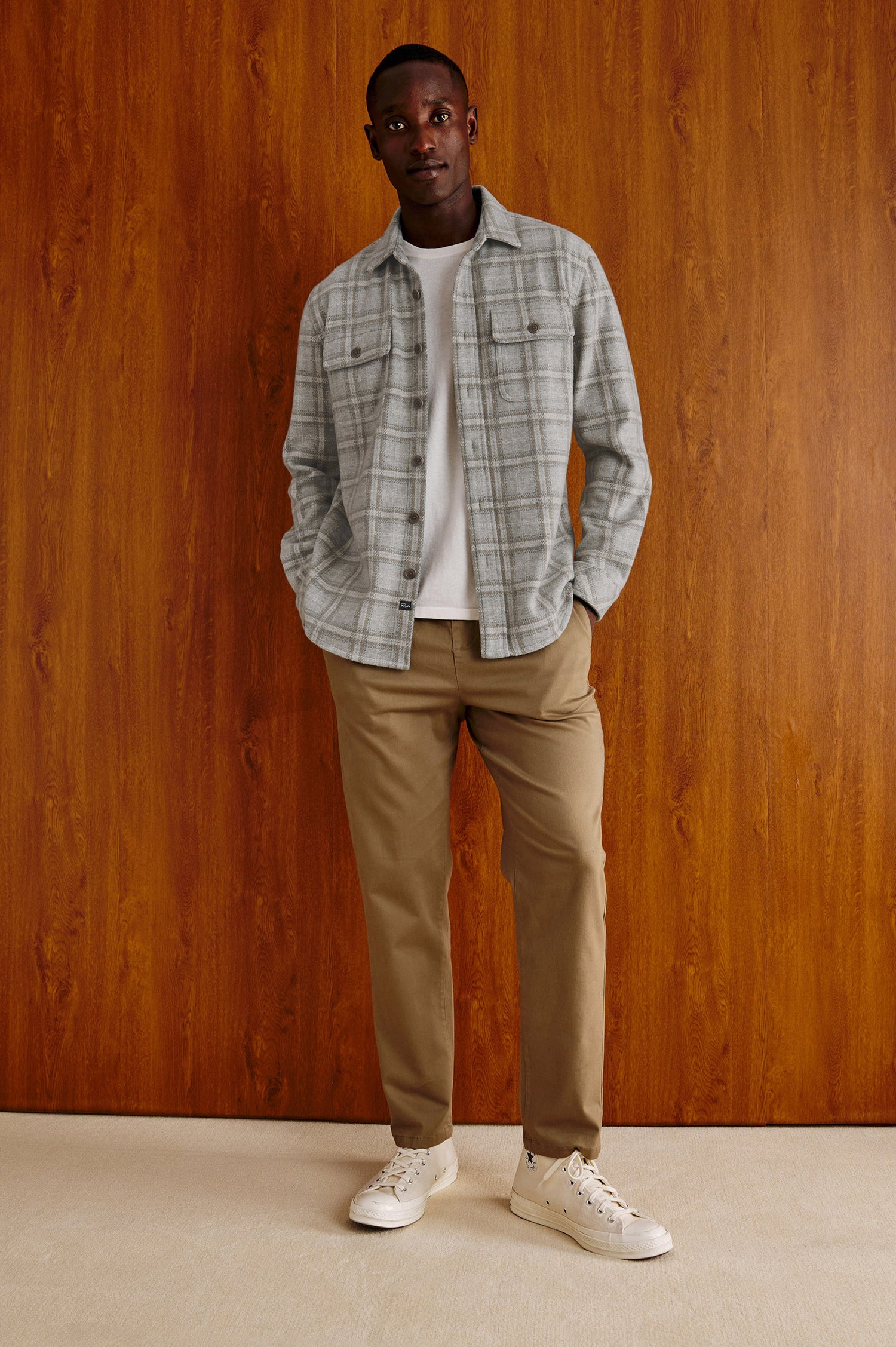 Alder Overshirt in Brushed Flannel With Collar, Button Front, Long Sleeves With Buttoned Cuffs, Back Yoke, Dual Chest Flap Pockets, and Classic Fit in Quarry Mist Heather Colorway - Full Body View Featured on Model Sitting