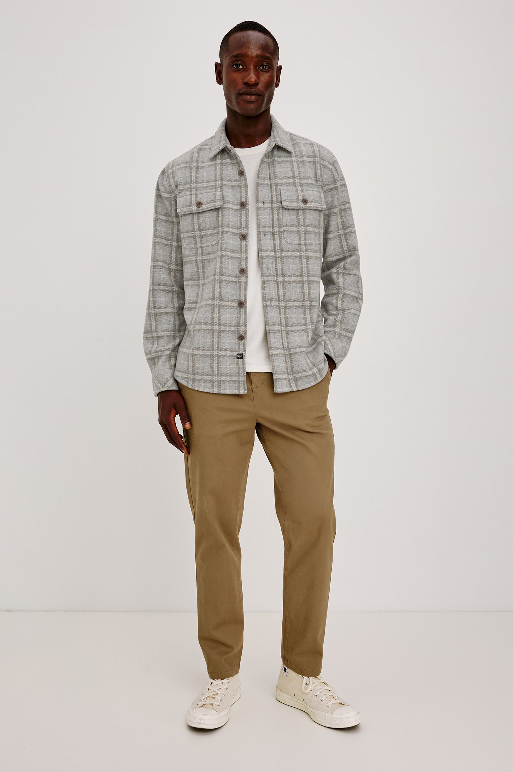 Alder Overshirt in Brushed Flannel With Collar, Button Front, Long Sleeves With Buttoned Cuffs, Back Yoke, Dual Chest Flap Pockets, and Classic Fit in Quarry Mist Heather Colorway - Full Body Front View Featured on Model