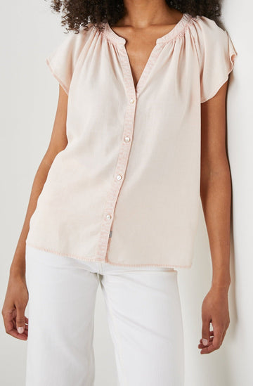 Alena Short Sleeve Top with Flutter Sleeves, a V Neck, Buttons Down the Bodice and Ruching along the Collar in Petal Colorway - Front View Featured on Model