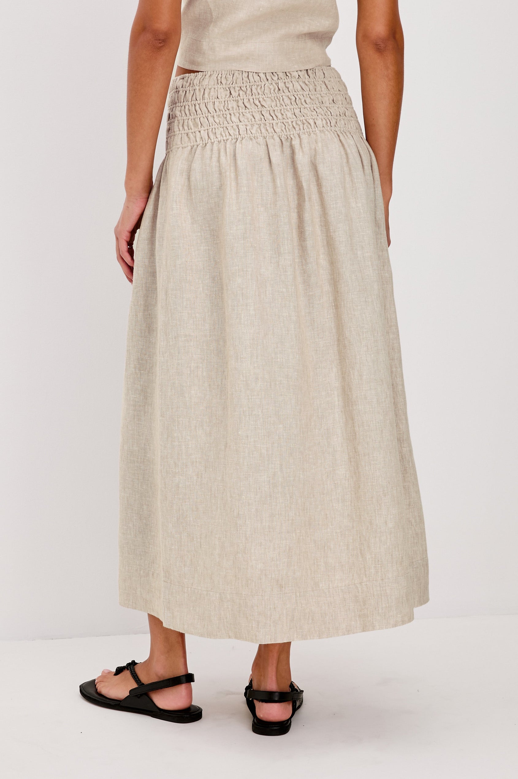 Alessa Pull On Midi Skirt with Elastic Gathered Waist in Heathered Flax Colorway. Back View Shown on Model.