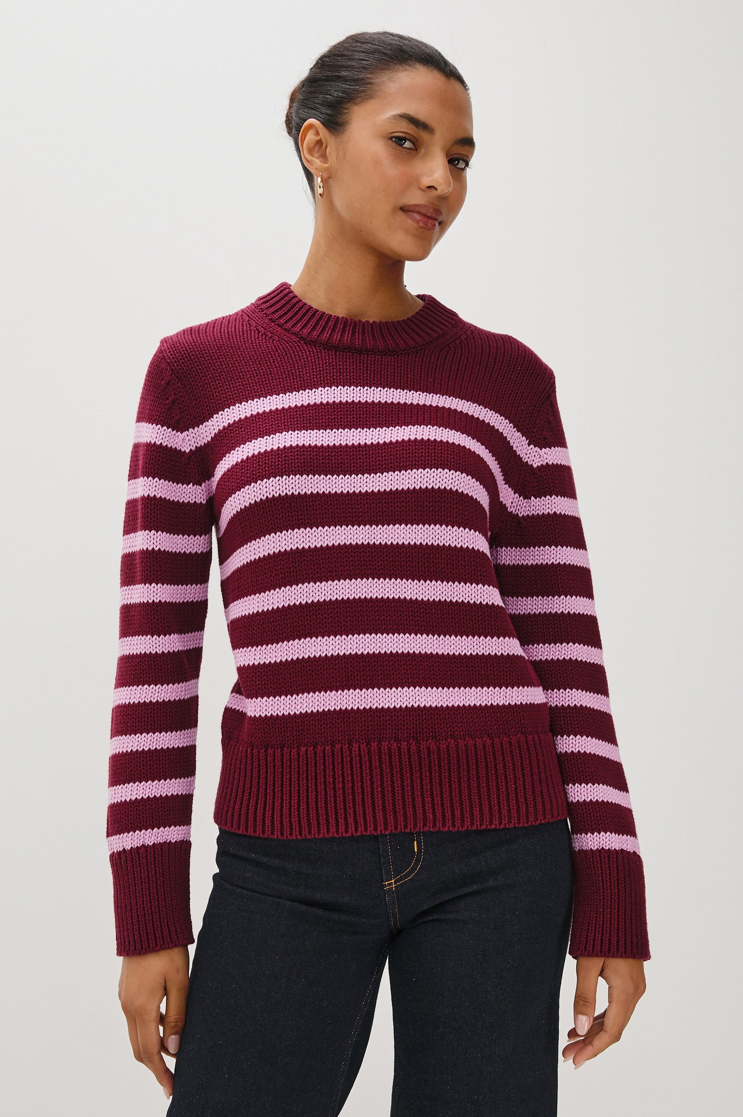 Alise crewneck wool sweater with ribbed detailing on cuffs and collar in Mulberry Stripe - front view on model