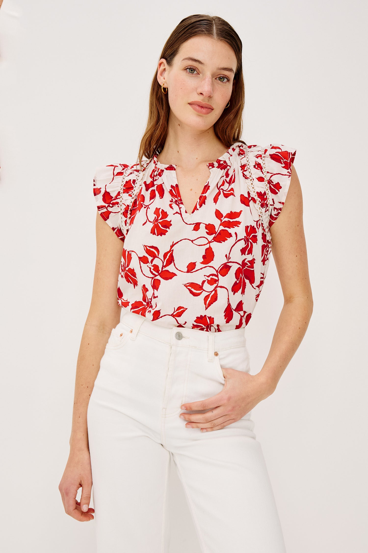 Allea Top in Poplin With Relaxed Fit Split V-Neck. Flutter Sleeves With Contrast Stitcing and Lattice Cutwork in Red Jasmine Colorway - Upper Body Front View Featured on Model
