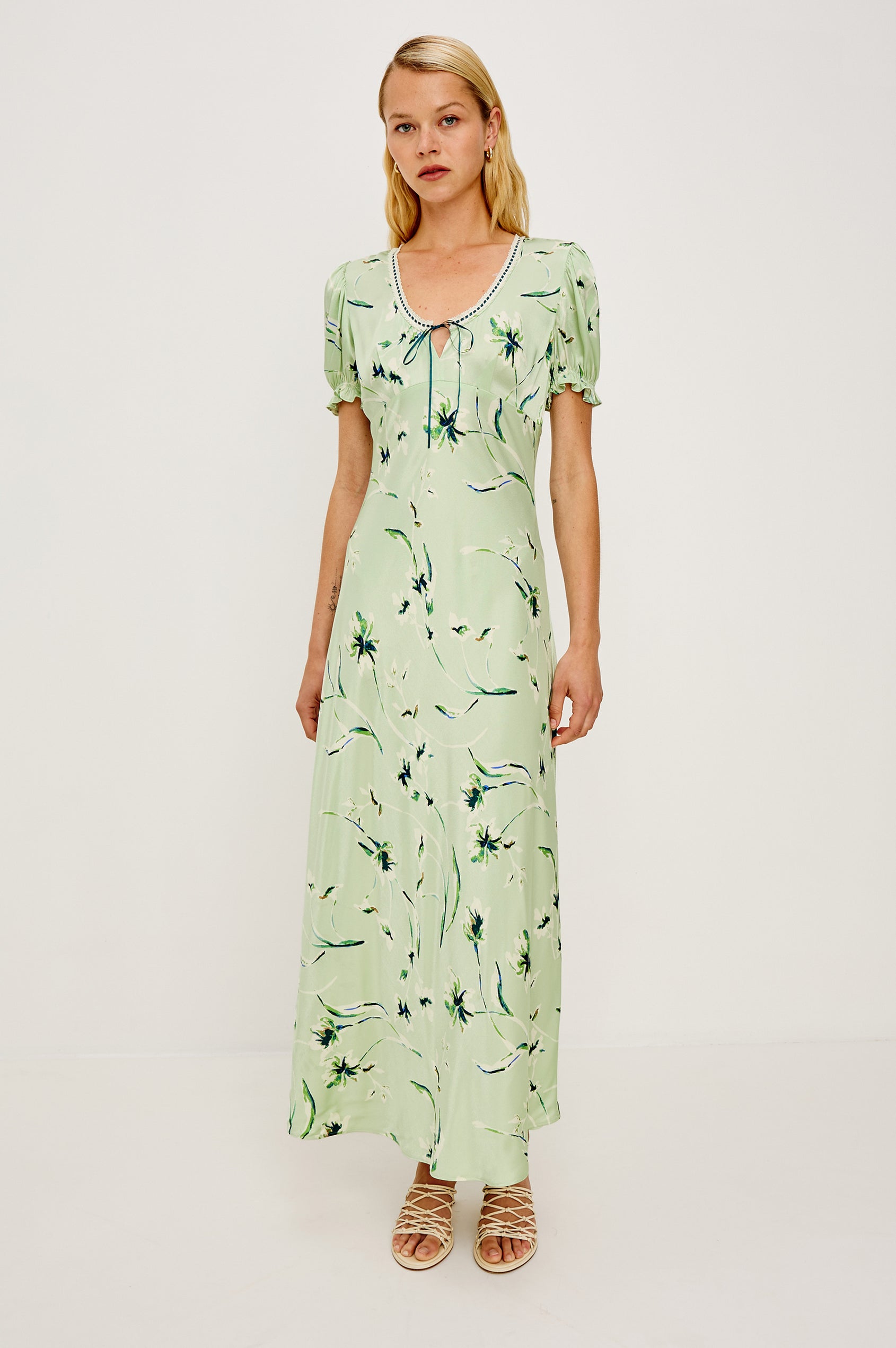 Allison Milkmaid-Inspired Maxi Dress in Satin Crepe Bias Cut With Short Puff Sleeves, Lace Scoop Neckline, and Ribbon Trim in Mint Linnea Colorway - Full Body Front View of Model Featured