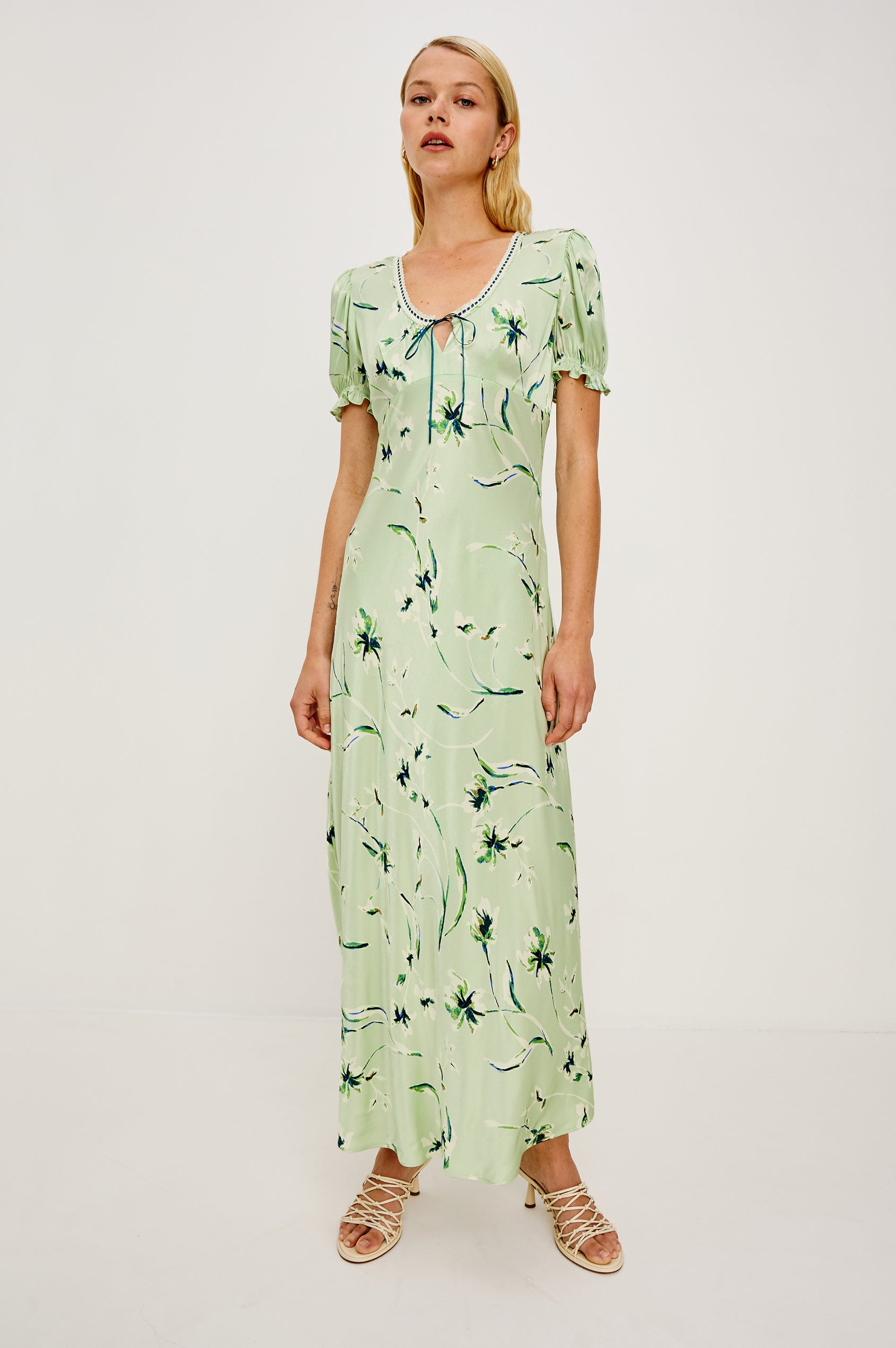 Allison Milkmaid-Inspired Maxi Dress in Satin Crepe Bias Cut With Short Puff Sleeves, Lace Scoop Neckline, and Ribbon Trim in Mint Linnea Colorway - Full Body Front View of Model Featured