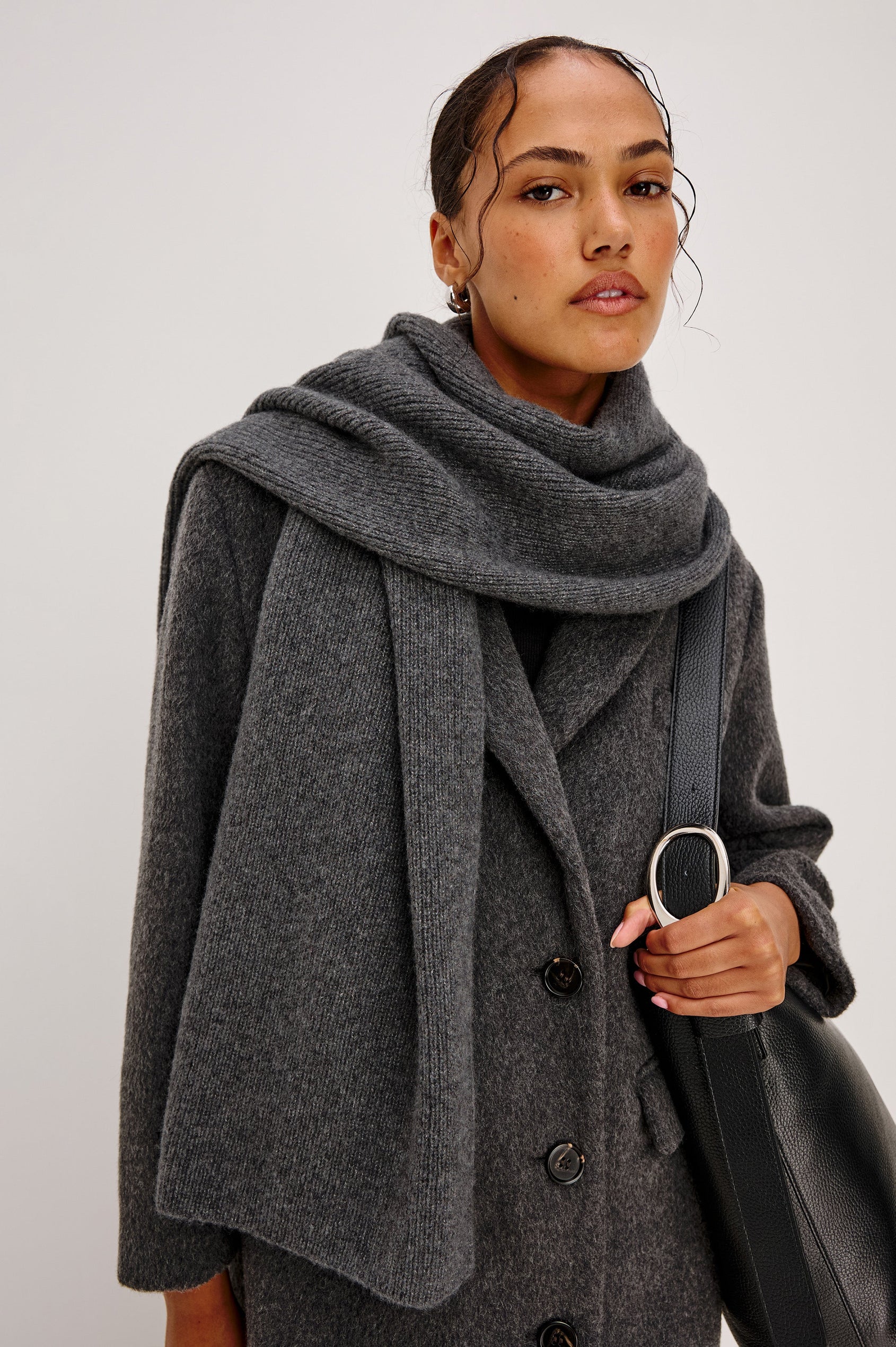 Alps cashmere silk scarf in Thunder grey colorway. Front view featured on model.