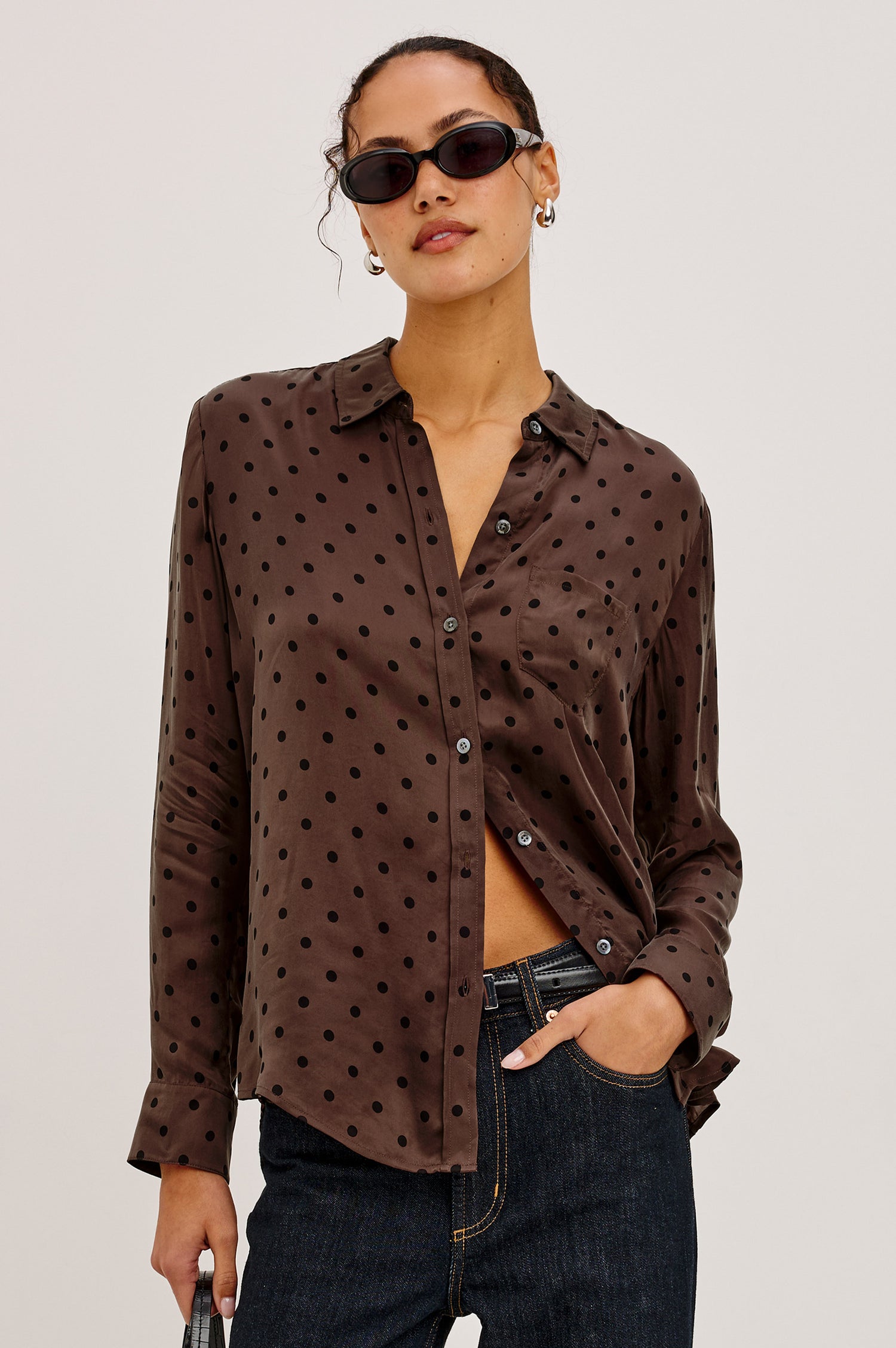 Alyssa Shirt in Luxe Lightweight Cupro With Loose Fit, Collar, Front Buttons, Long Sleeves, and Curved Back Hem in Olive Jaguar Colorway - Upper Body Front View Featured on Model