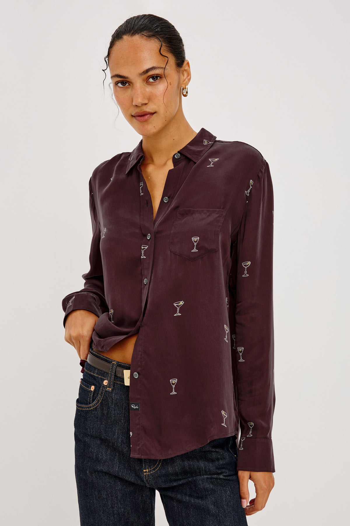 Alyssa Shirt in Martini Print Silk With Front Buttons, Single Chest Pocket, Point Collar, and Long Sleeves in Oxblood Martini Colorway - Front View Featured on Model.