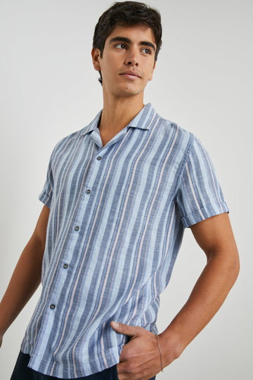 Amalfi Short-Sleeve Button Up in Powder Cobalt Stripe Colorway, vertical stripes in powder, cobalt and petal - Front View Featured on Model