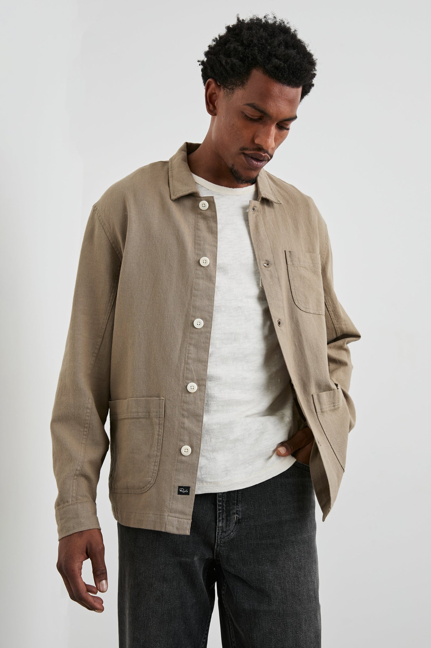Ambrose Jacket with Button Closure, Two Front Patch Pockets and a Chest Patch Pocket in Barley Colorway - Front View Featured on Model