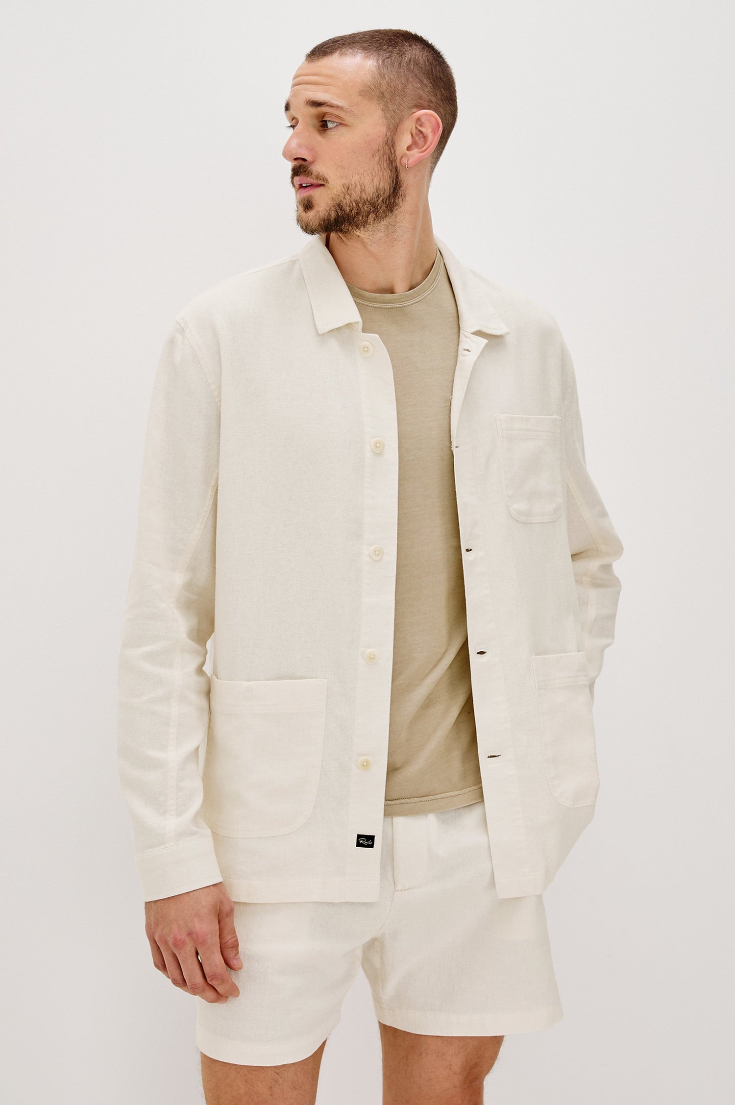 Ambrose Button Front Chore Jacket with front Patch Pockets in Ecru Colorway. Front View Shown on Model.