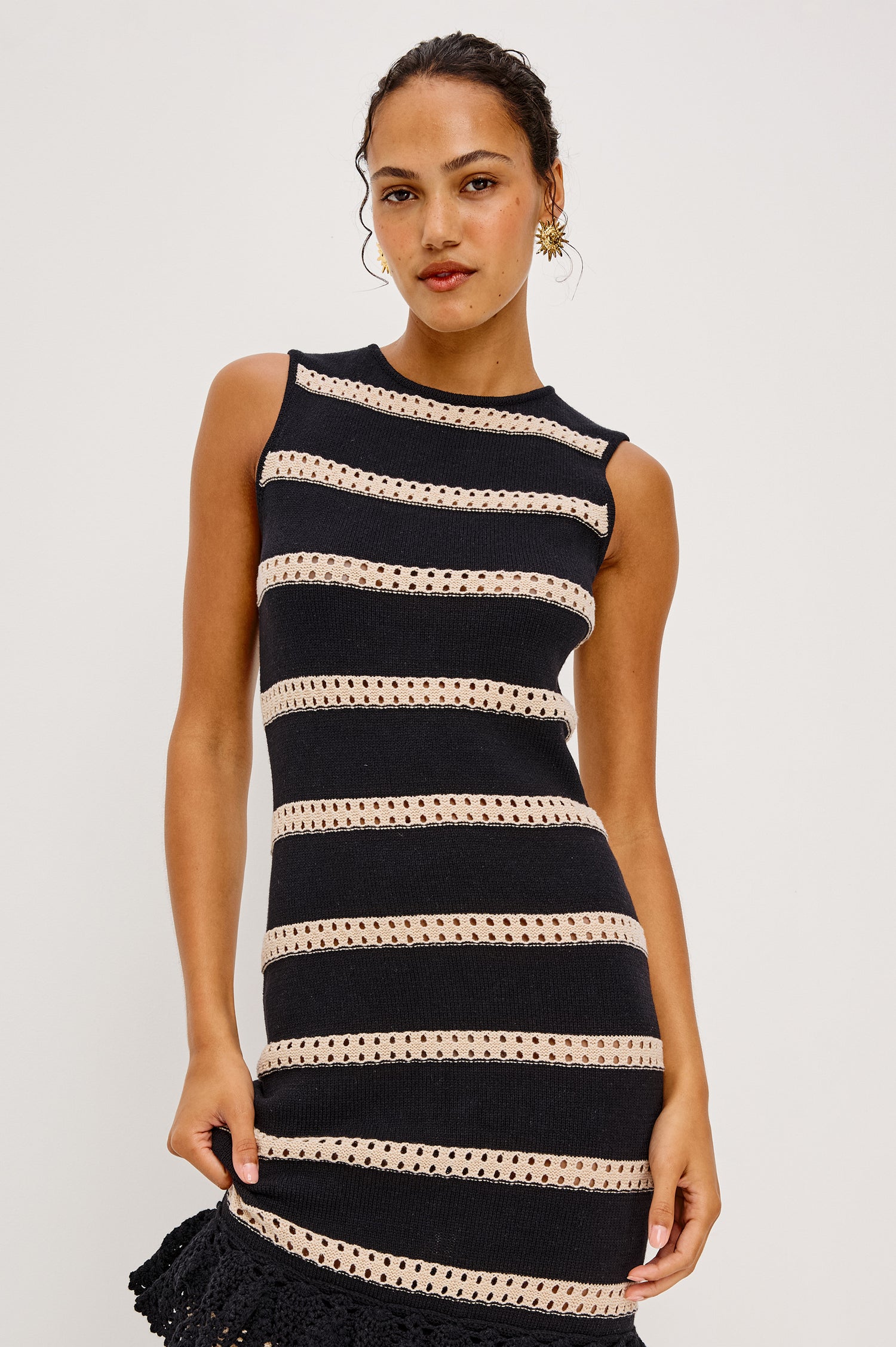 Ana Maxi Dress in Cotton Blend Crochet Knit With Tiered Hem in Black Oat Stripe Colorway - Upper Body Front View Featured on Model