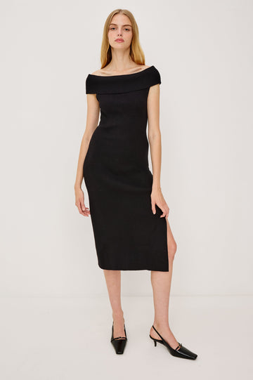 Anaya Ribbed Midi Dress with Off the Shoulder Short Sleeves in Black Colorway - Front Full Body View Featured on Model 