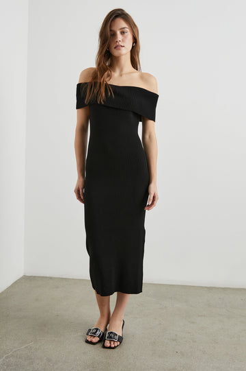 Anaya Ribbed Midi Dress with Off the Shoulder Short Sleeves in Black Colorway - Front Full Body View Featured on Model 
