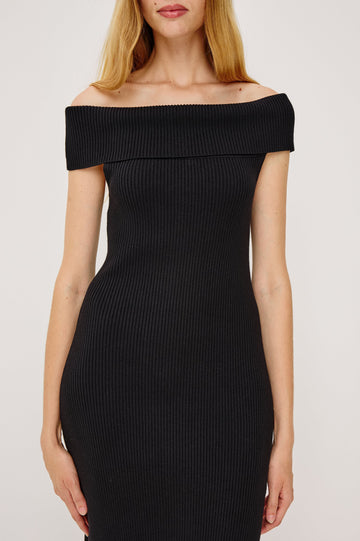 Anaya Ribbed Midi Dress with Off the Shoulder Short Sleeves in Black Colorway - Close Up View Featured on Model 