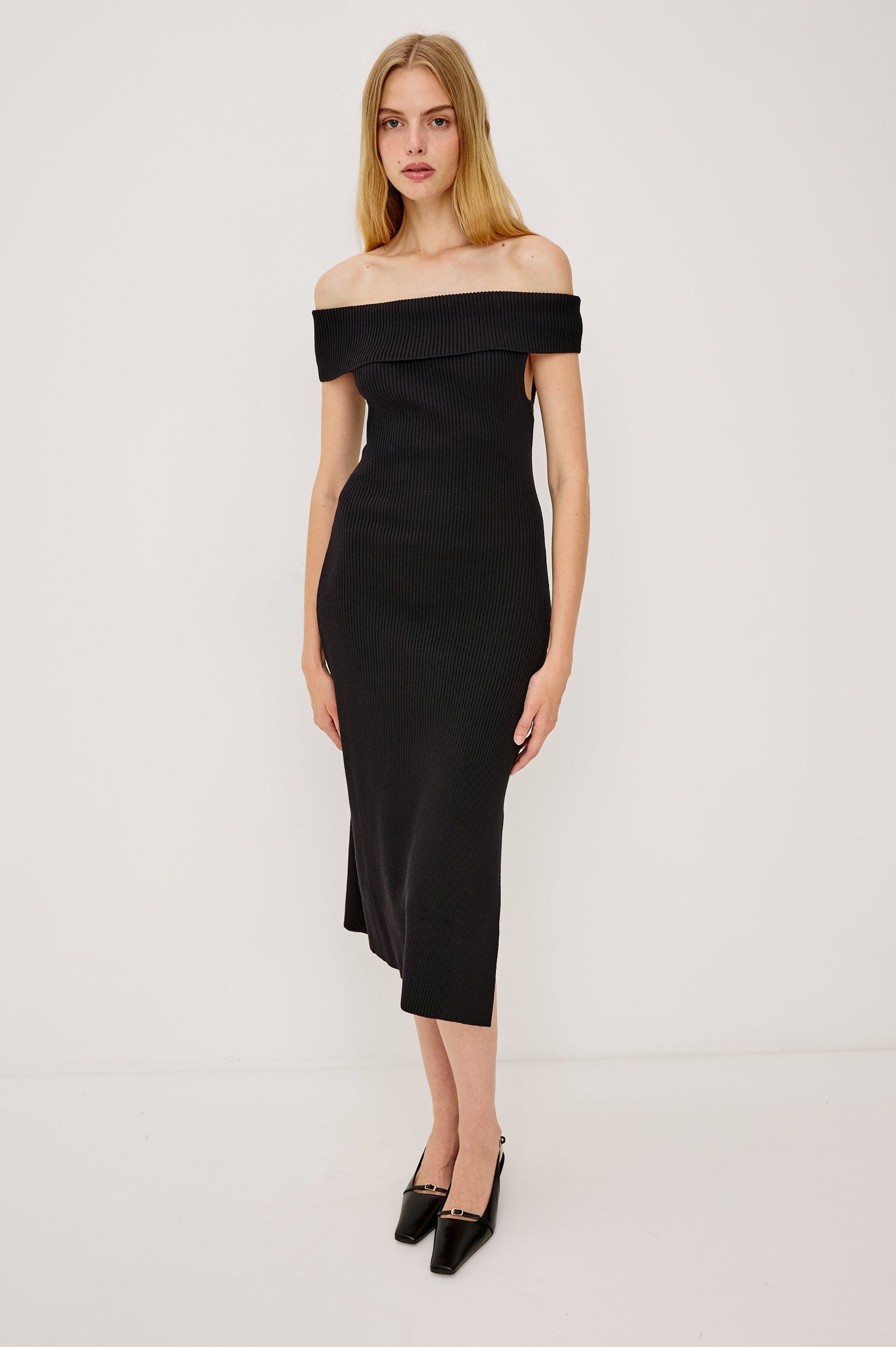 Anaya Ribbed Midi Dress with Off the Shoulder Short Sleeves in Black Colorway - Front Full Body View Featured on Model 
