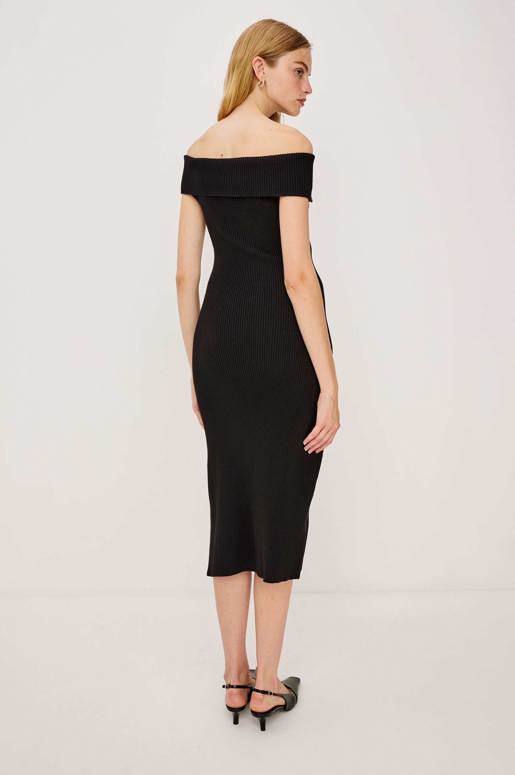Anaya Ribbed Midi Dress with Off the Shoulder Short Sleeves in Black Colorway - Back Full Body View Featured on Model 