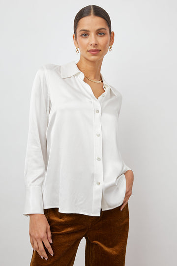 Andrea Long Sleeve Button Up in Ivory Colorway - Front View Featured on Model 