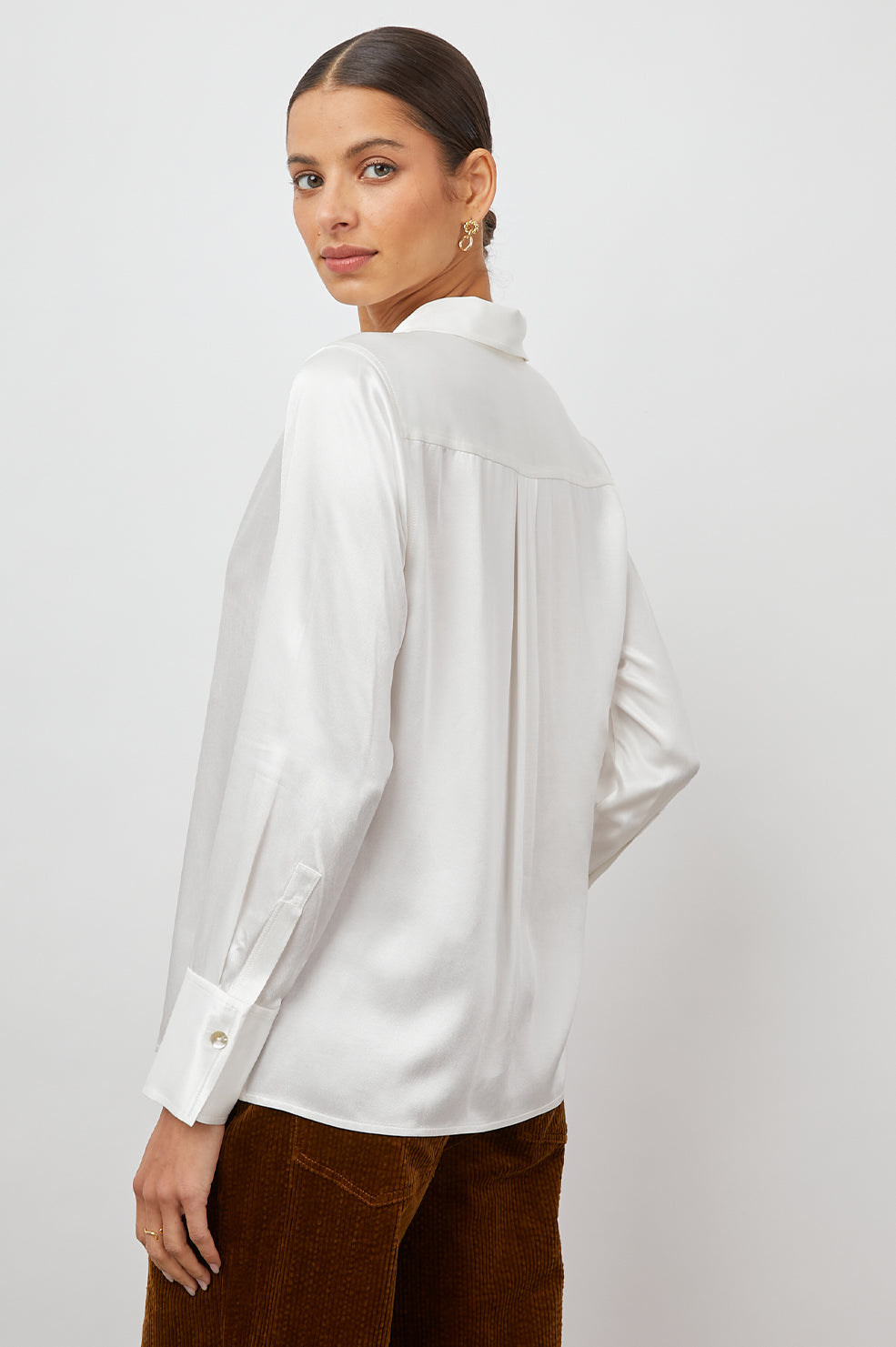 Andrea Long Sleeve Button Up in Ivory Colorway - Back View Featured on Model 