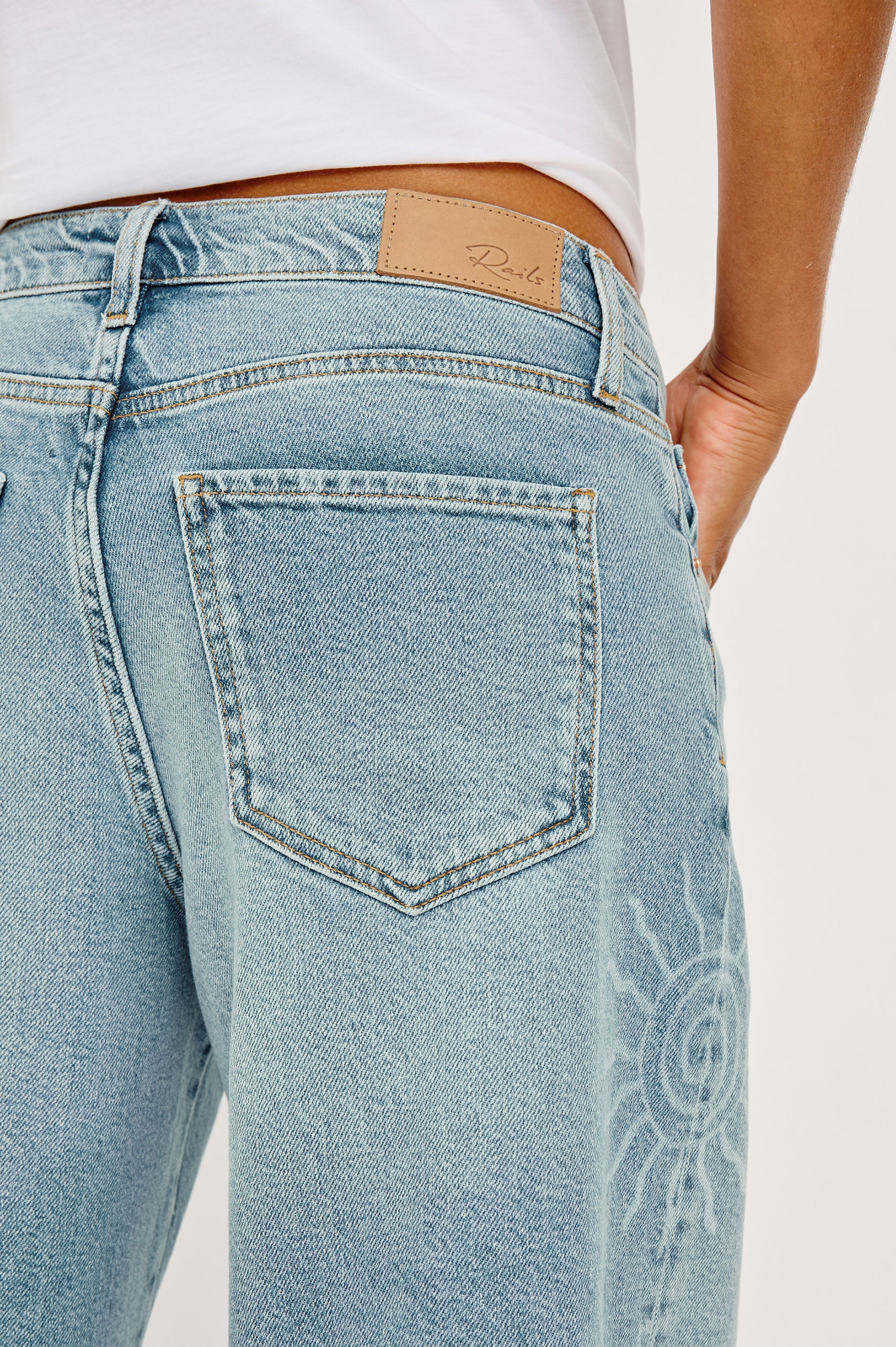 Angeleno Crop Wide Leg Jean in Rigid Denim With Slight Stretch, Mid-Rise, Front Zip Fly, and 5-Pockets in Soleil Laser Colorway - Lower Body Back VIew Featured on Model