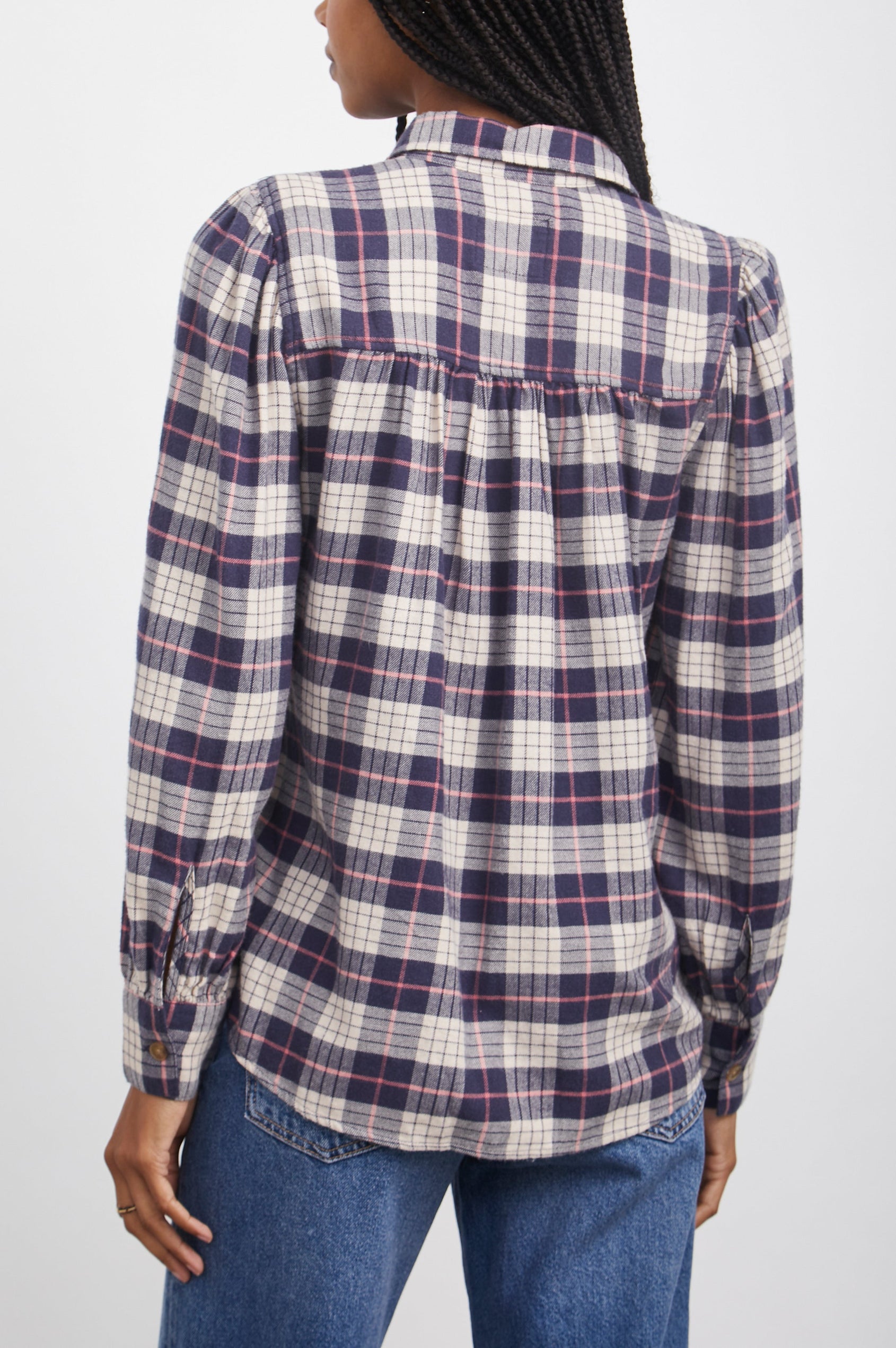 Angelica Long-Sleeve Denim Button Up with Shirring at Cuffs and Puff Sleeves in Almond Pink Navy Colorway, a Plaid - Back View Featured on Model