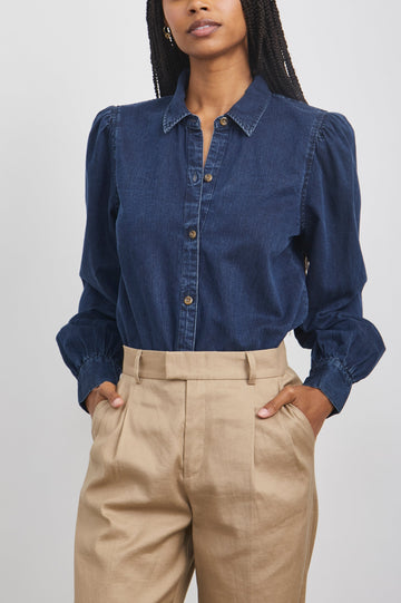 Angelica Long-Sleeve Denim Button Up with Shirring at Cuffs and Puff Sleeves in Dark Vintage Colorway - Front Tucked View Featured on Model