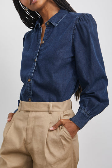 Angelica Long-Sleeve Denim Button Up with Shirring at Cuffs and Puff Sleeves in Dark Vintage Colorway - Front Tucked View Featured on Model