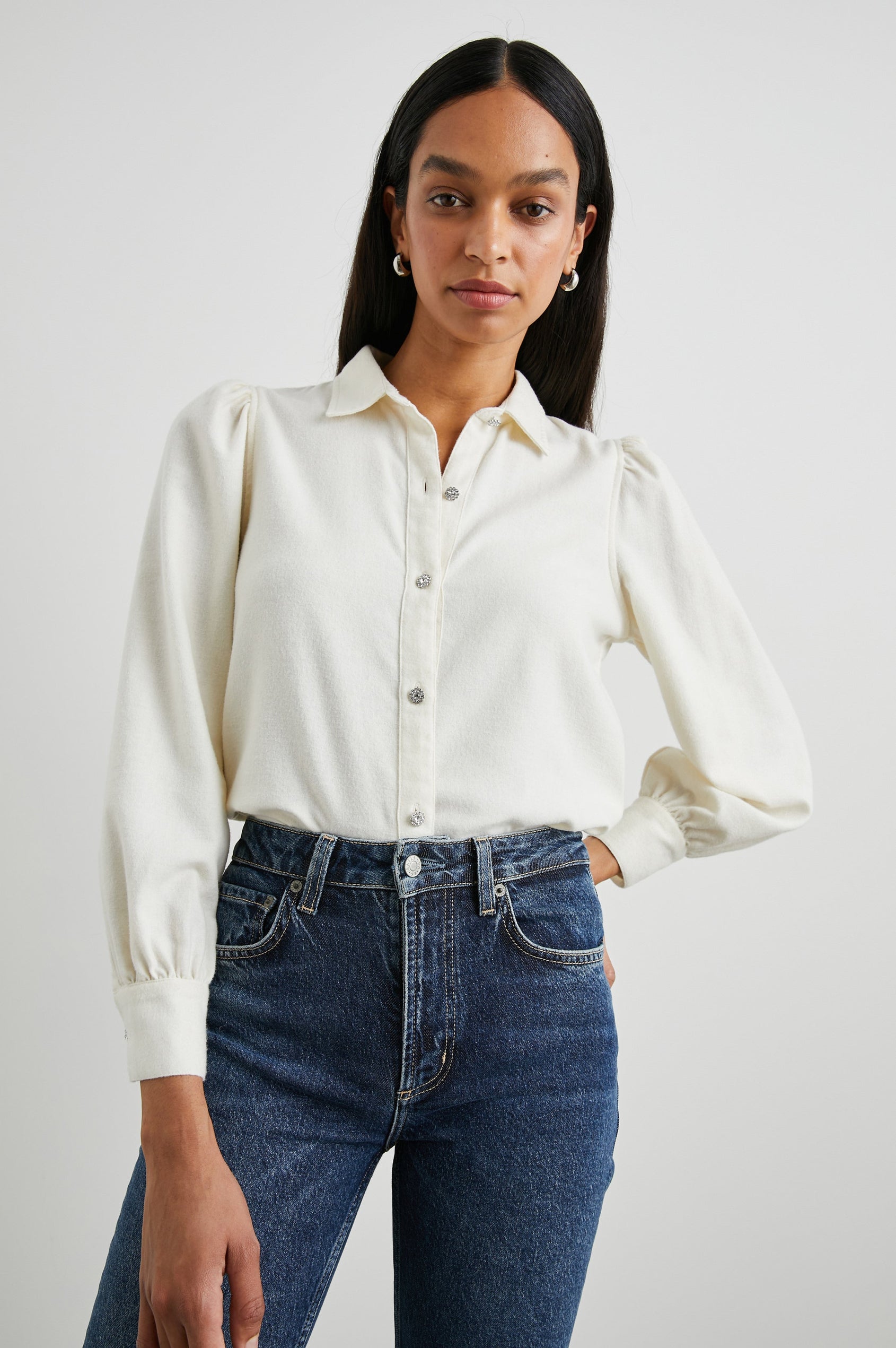 Angelica Long-Sleeve Button Up with Shirring at Cuffs, Puff Sleeves and Crystal Flower Buttons in Winter White Colorway - Front Tucked View Featured on Model