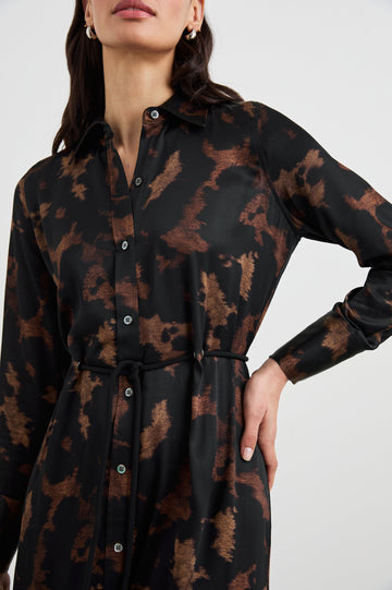 Anina Long-Sleeve Midi Dress with Buttons Down the Front, a Collar, Button Cuffs, and a Cord Belt in Diffused Sandstone Colorway, a pattern in black and browns - Front View Featured on Model