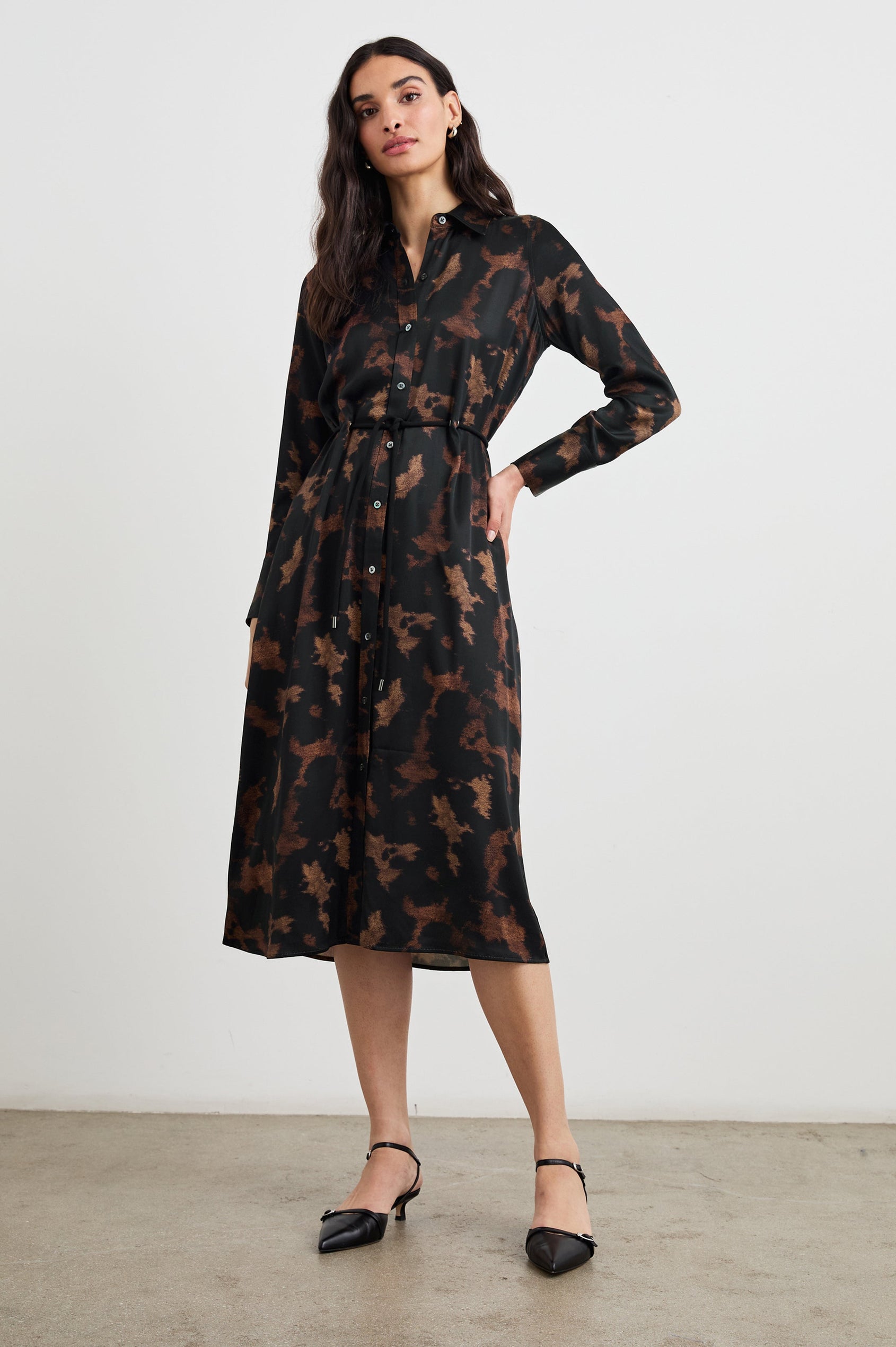 Anina Long-Sleeve Midi Dress with Buttons Down the Front, a Collar, Button Cuffs, and a Cord Belt in Diffused Sandstone Colorway, a pattern in black and browns - Front Full Body View Featured on Model