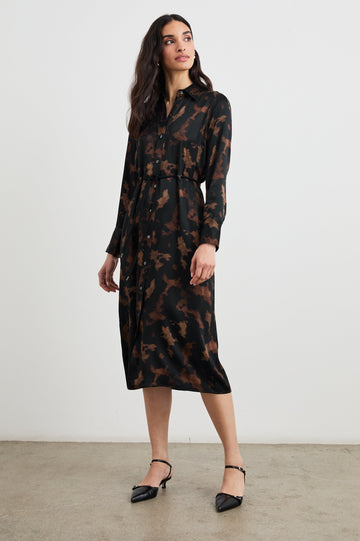 Anina Long-Sleeve Midi Dress with Buttons Down the Front, a Collar, Button Cuffs, and a Cord Belt in Diffused Sandstone Colorway, a pattern in black and browns - Front Full Body View Featured on Model