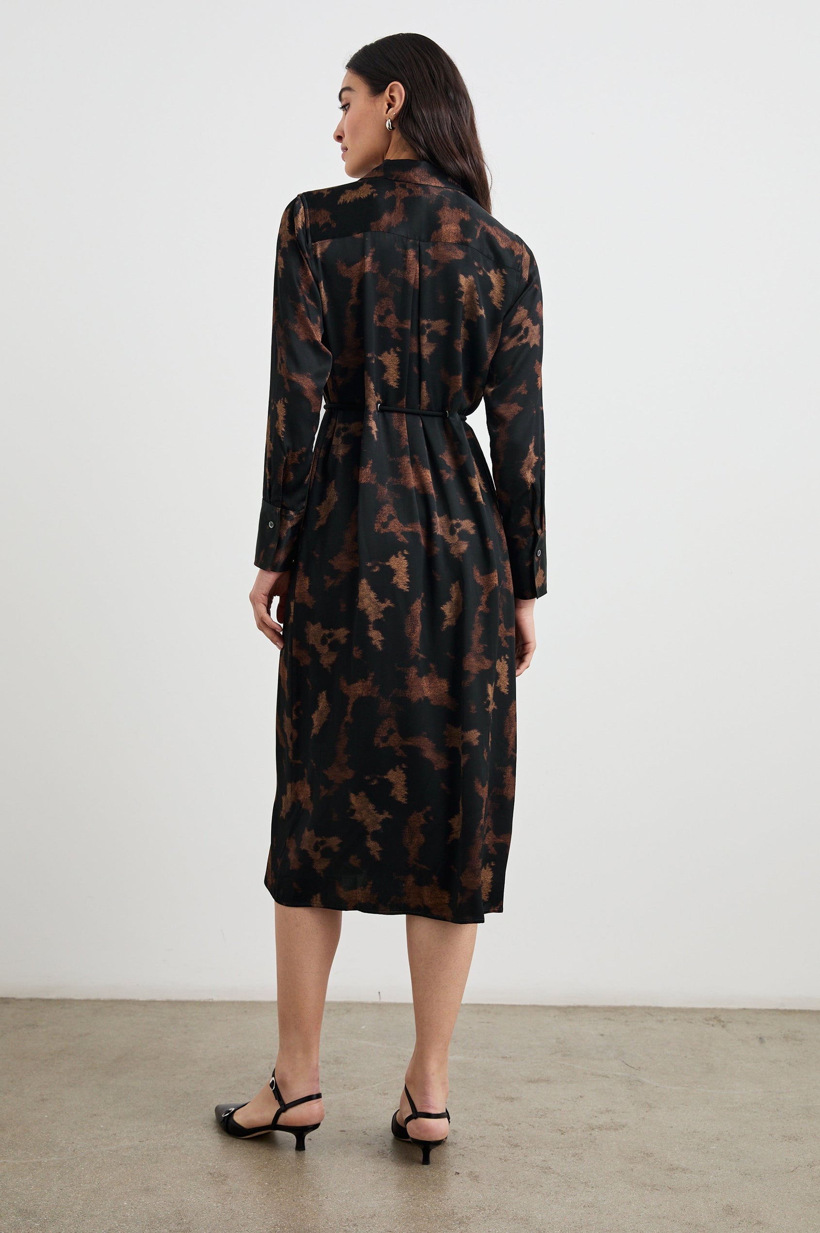 Anina Long-Sleeve Midi Dress with Buttons Down the Front, a Collar, Button Cuffs, and a Cord Belt in Diffused Sandstone Colorway, a pattern in black and browns - Back Full Body View Featured on Model