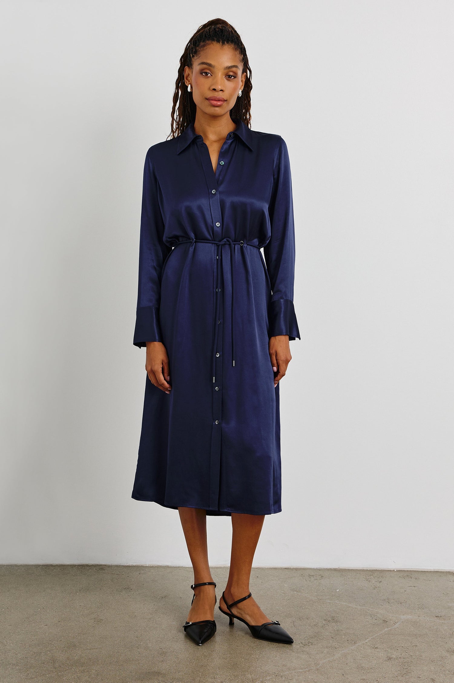 Anina Long-Sleeve Midi Dress with Buttons Down the Front, a Collar, Button Cuffs, and a Cord Belt in Navy Colorway - Front Full Body View Featured on Model