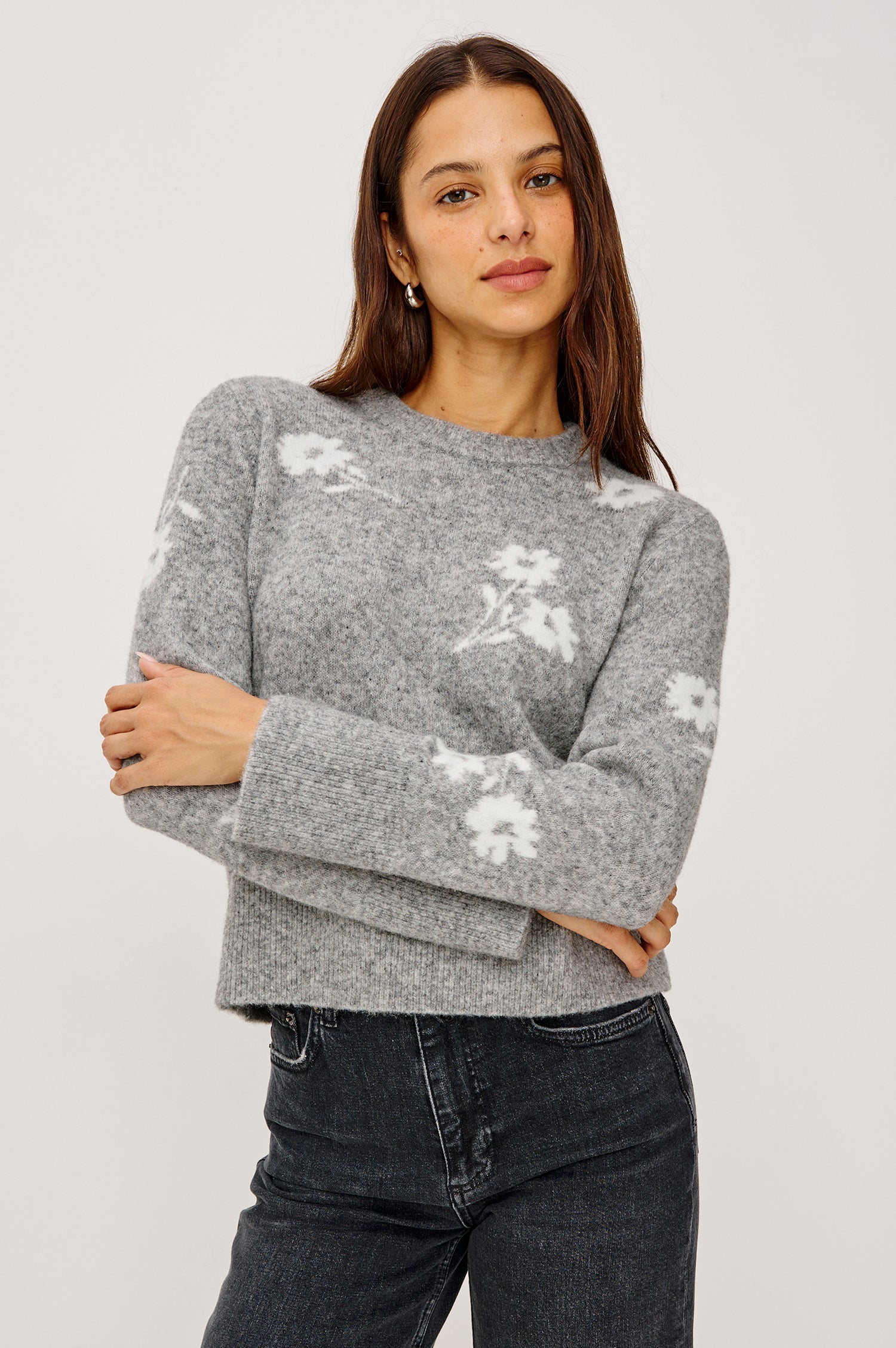 Anise Sweater in Wool Blend With Contrast Floral Motifs, Crew Neckline, Long Sleeves, and Relaxed Boxy Fit in Heather Floral Colorway - Upper Body Front View Featured on Model