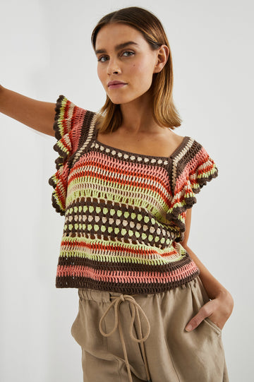 Anna Short Sleeve Crochet Top with Flared Sleeves and a Square Neck in Tropical Crochet Colorway, in Orange, Pink, Green, Brown, and White - Front View Featured on Model  