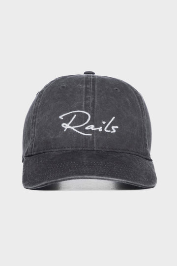 Anniversary Baseball Cap with an Adjustable Back Strap, Front Text, Rails, and Back Text, Est 2009, in Washed Black Colorway, with White Text - Front View