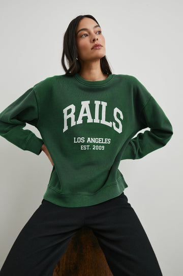 Anniversary Sweatshirt with Crewneck, Text States, Rails Los Angeles Est 2009, in Forest Colorway with White Letters - Front View Featured on Model 