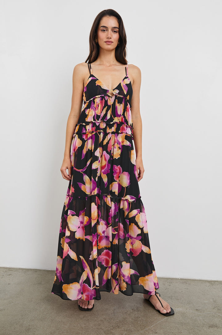 Antonella Maxi Tank Dress with Double Spaghetti Straps, V-Neck, Keyhole at Center Front, A-Line Tiered Skirt in Dusk Orchid Colorway, Full Body Front View Shown on Model.
