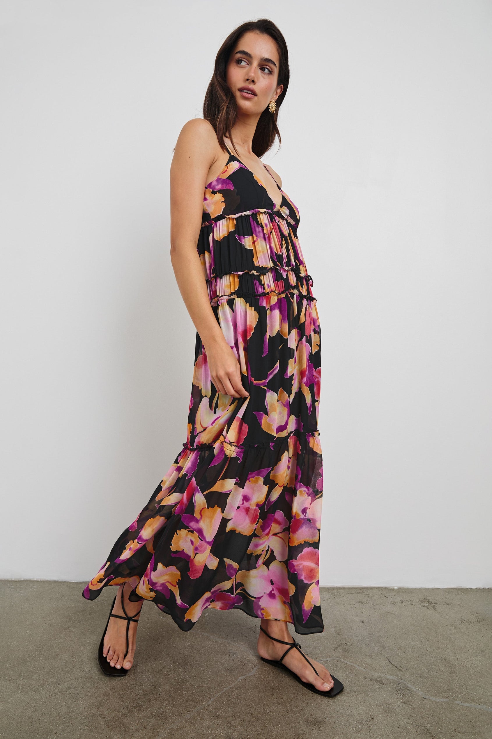 Antonella Maxi Tank Dress with Double Spaghetti Straps, V-Neck, Keyhole at Center Front, A-Line Tiered Skirt in Dusk Orchid Colorway, Full Body Side View Shown on Model.