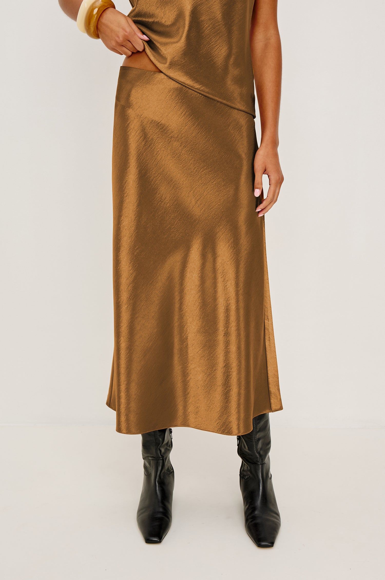 Anya High-Waisted Midi Skirt in Satin Crepe With Side Slit in Ginger Colorway - Full Body Front View Featured on Model