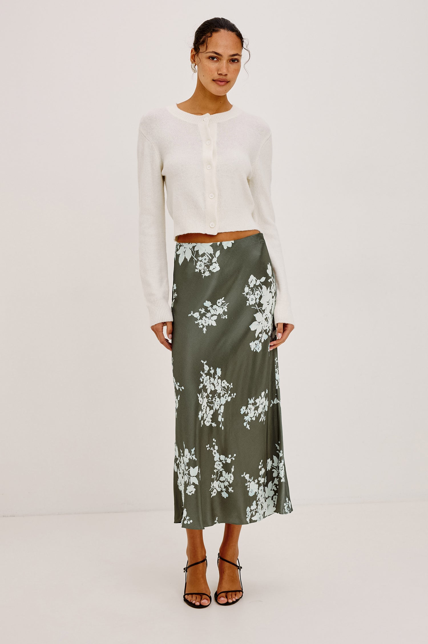 Anya Midi Skirt in Satin-Back Crepe, High-Rise Elastic Waistband, Pull-On FIt in Lace Floral Colorway - Full Body Front View Featured on Model