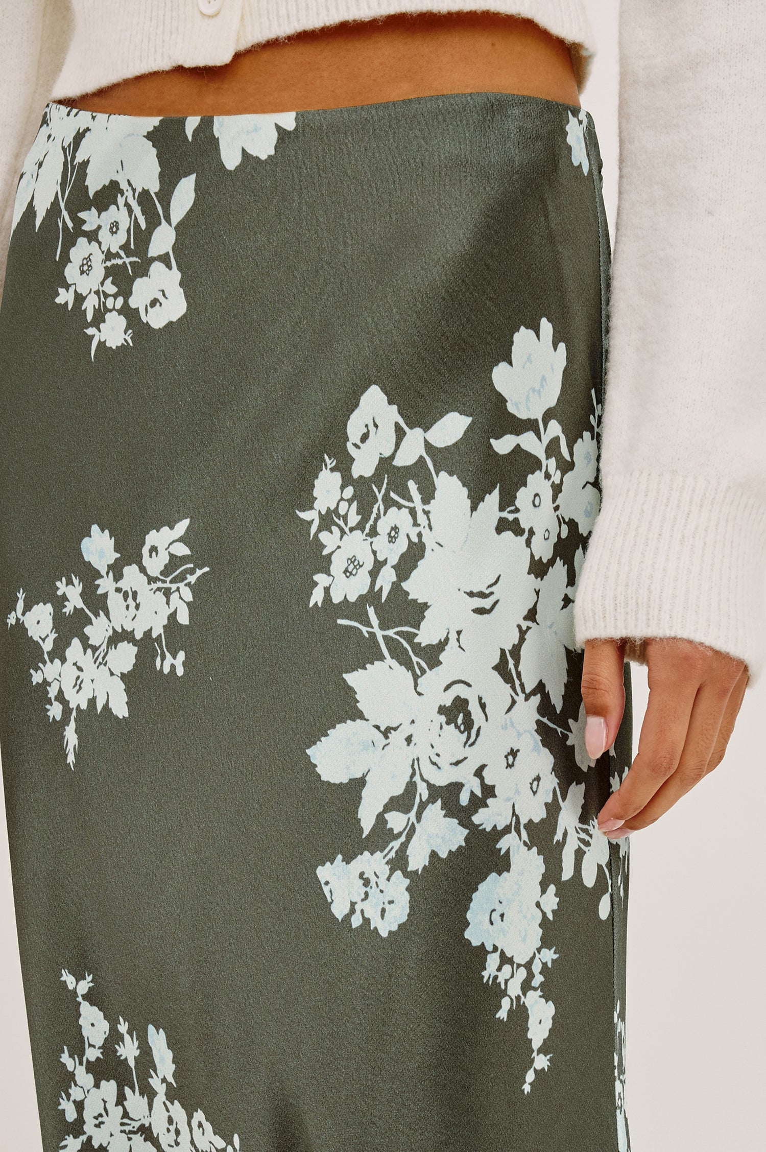 Anya Midi Skirt in Satin-Back Crepe, High-Rise Elastic Waistband, Pull-On FIt in Lace Floral Colorway - Lower Body Front View Featured on Model